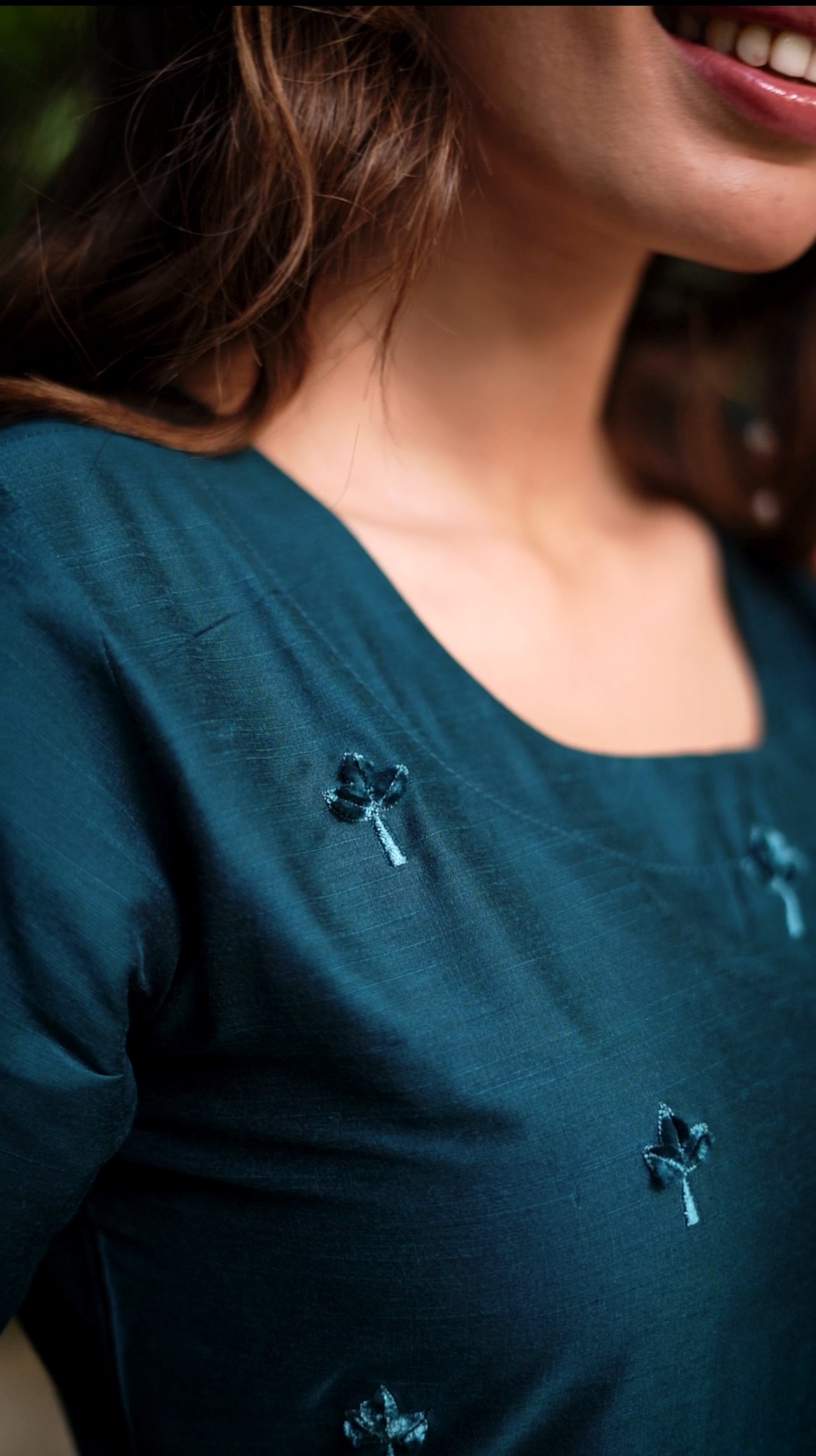 Tara - Teal color silk cotton dress with handwork