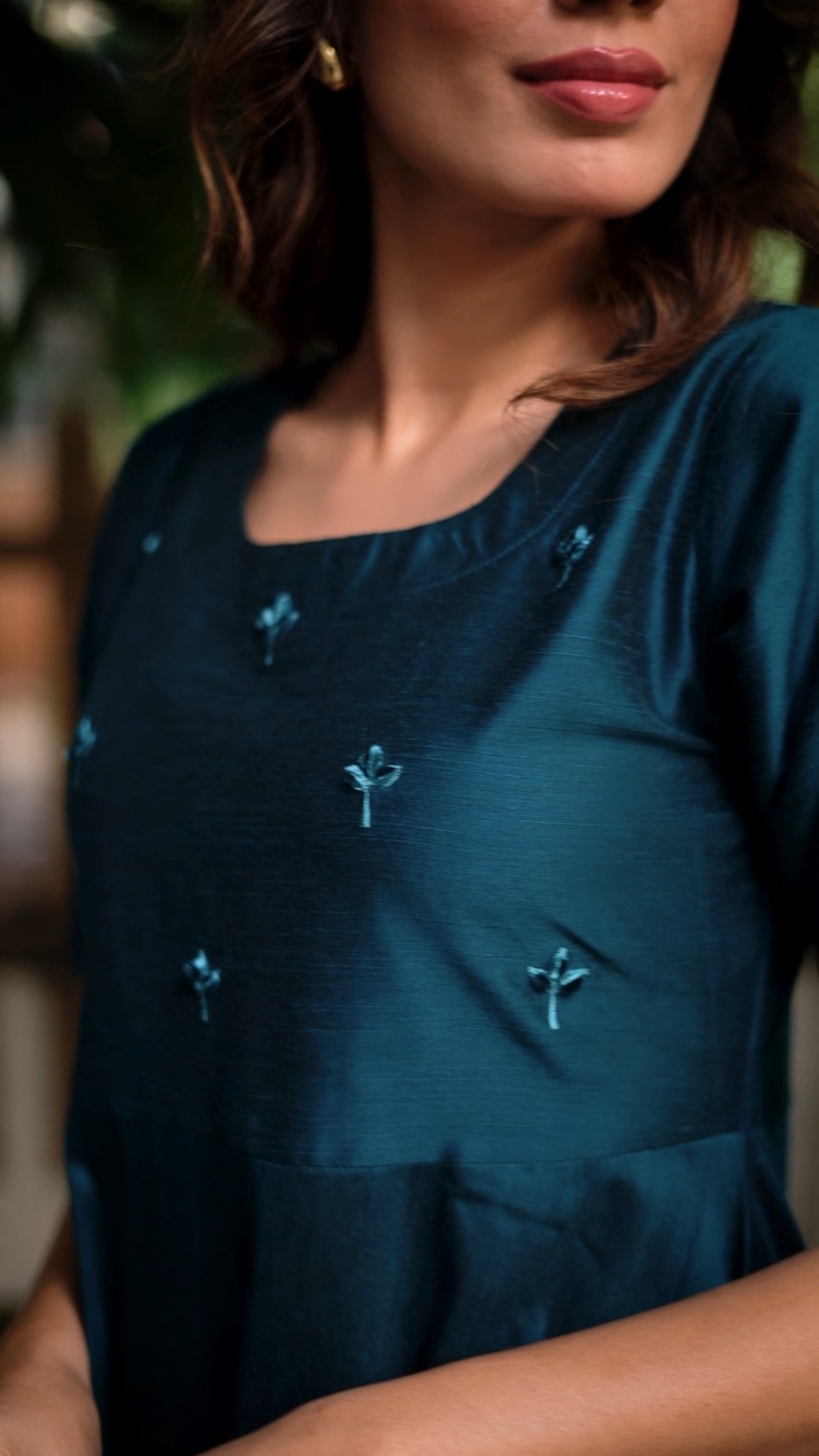 Tara - Teal color silk cotton dress with handwork