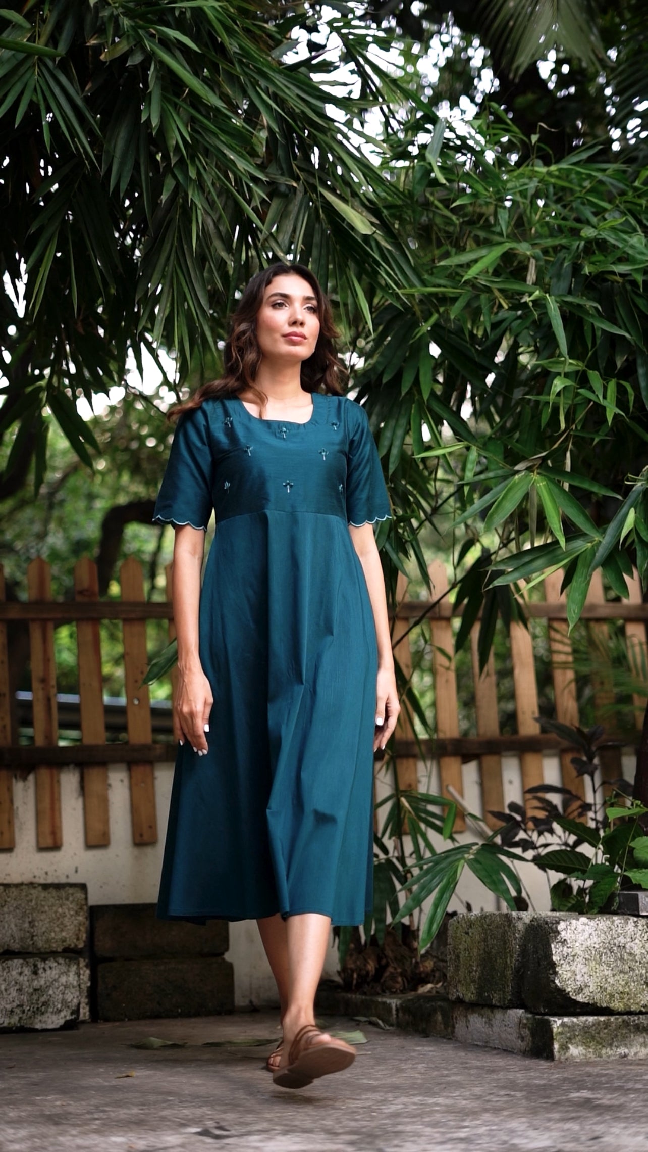 Tara - Teal color silk cotton dress with handwork