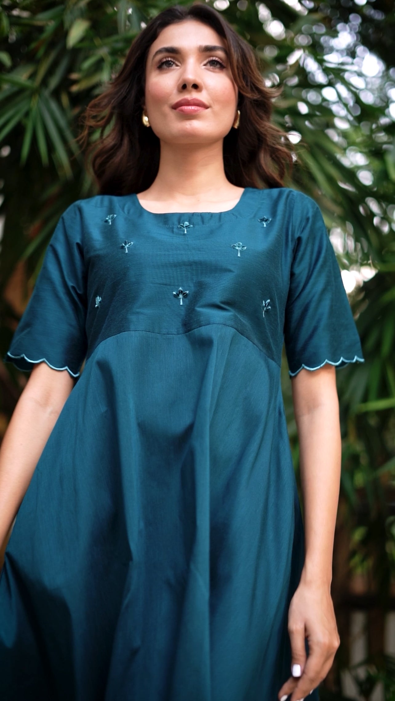 Tara - Teal color silk cotton dress with handwork