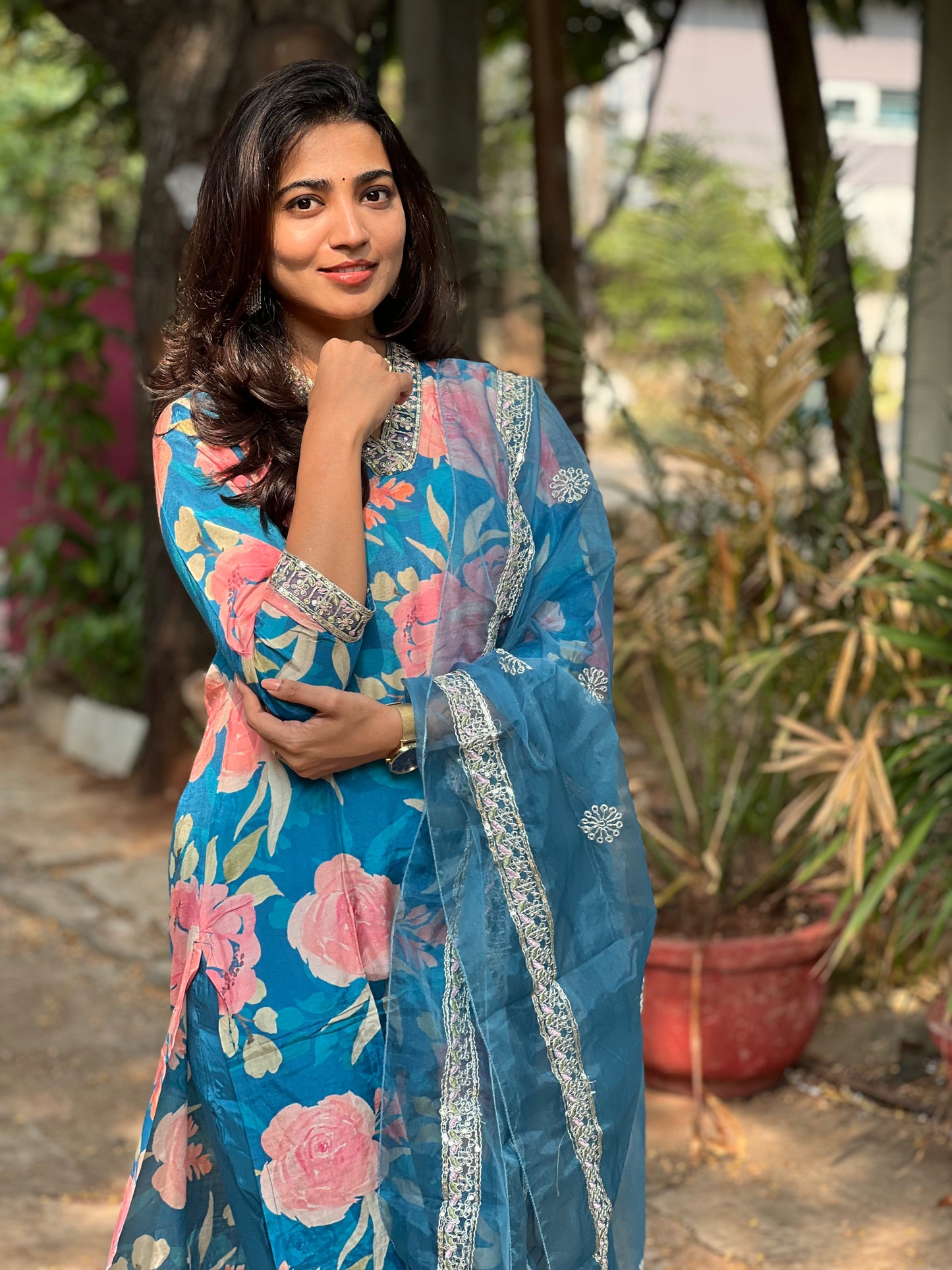 Kiara - Floral Silk kurti set - Blue