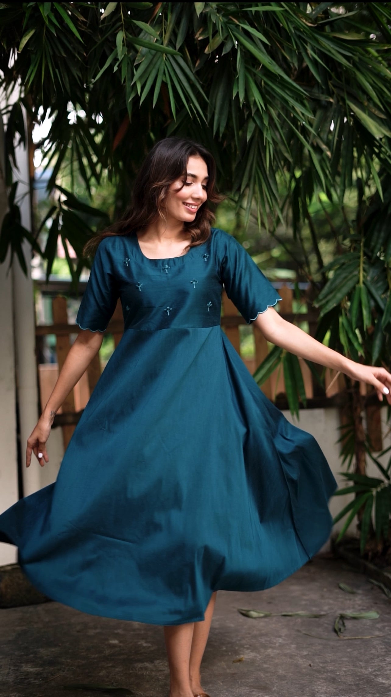 Tara - Teal color silk cotton dress with handwork