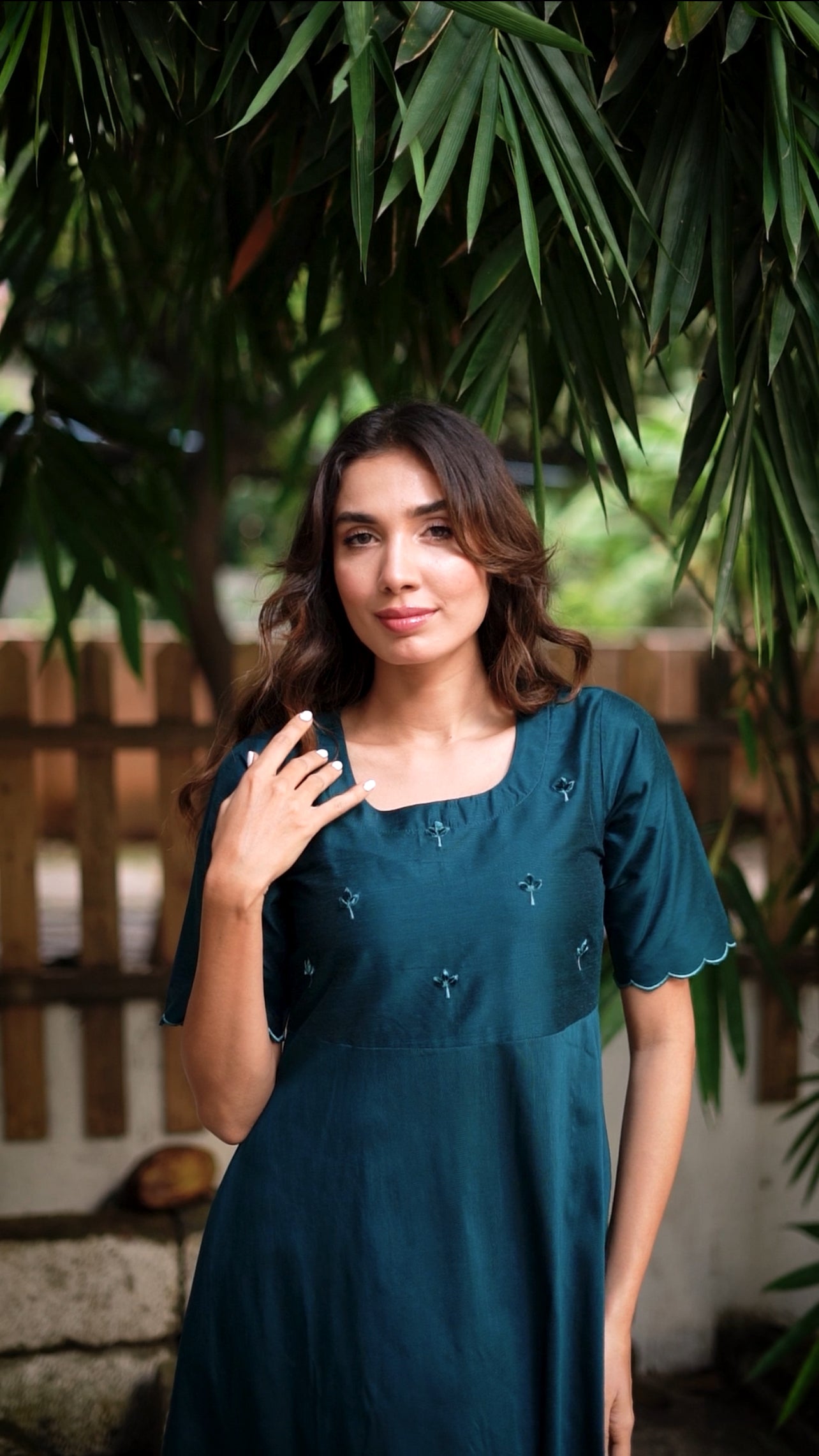 Tara - Teal color silk cotton dress with handwork