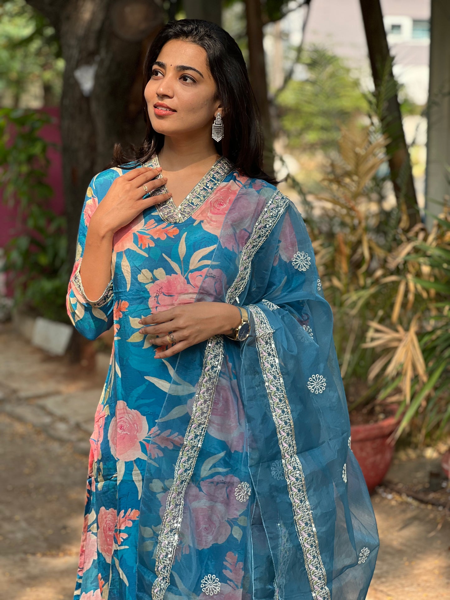 Kiara - Floral Silk kurti set - Blue