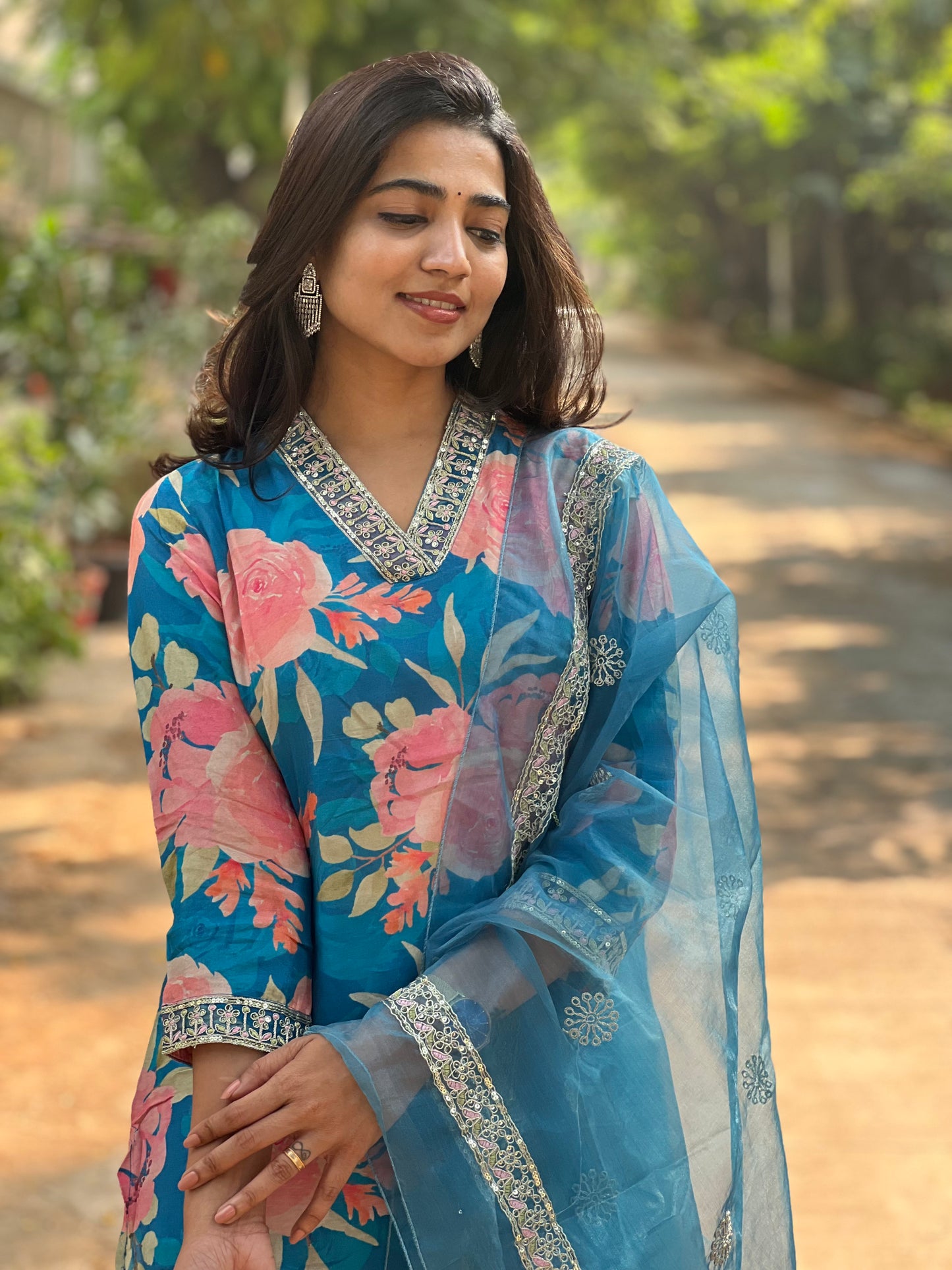 Kiara - Floral Silk kurti set - Blue