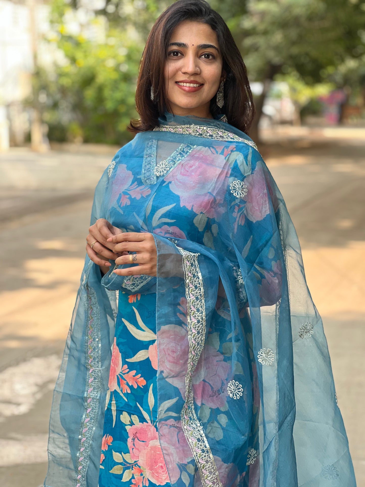 Kiara - Floral Silk kurti set - Blue