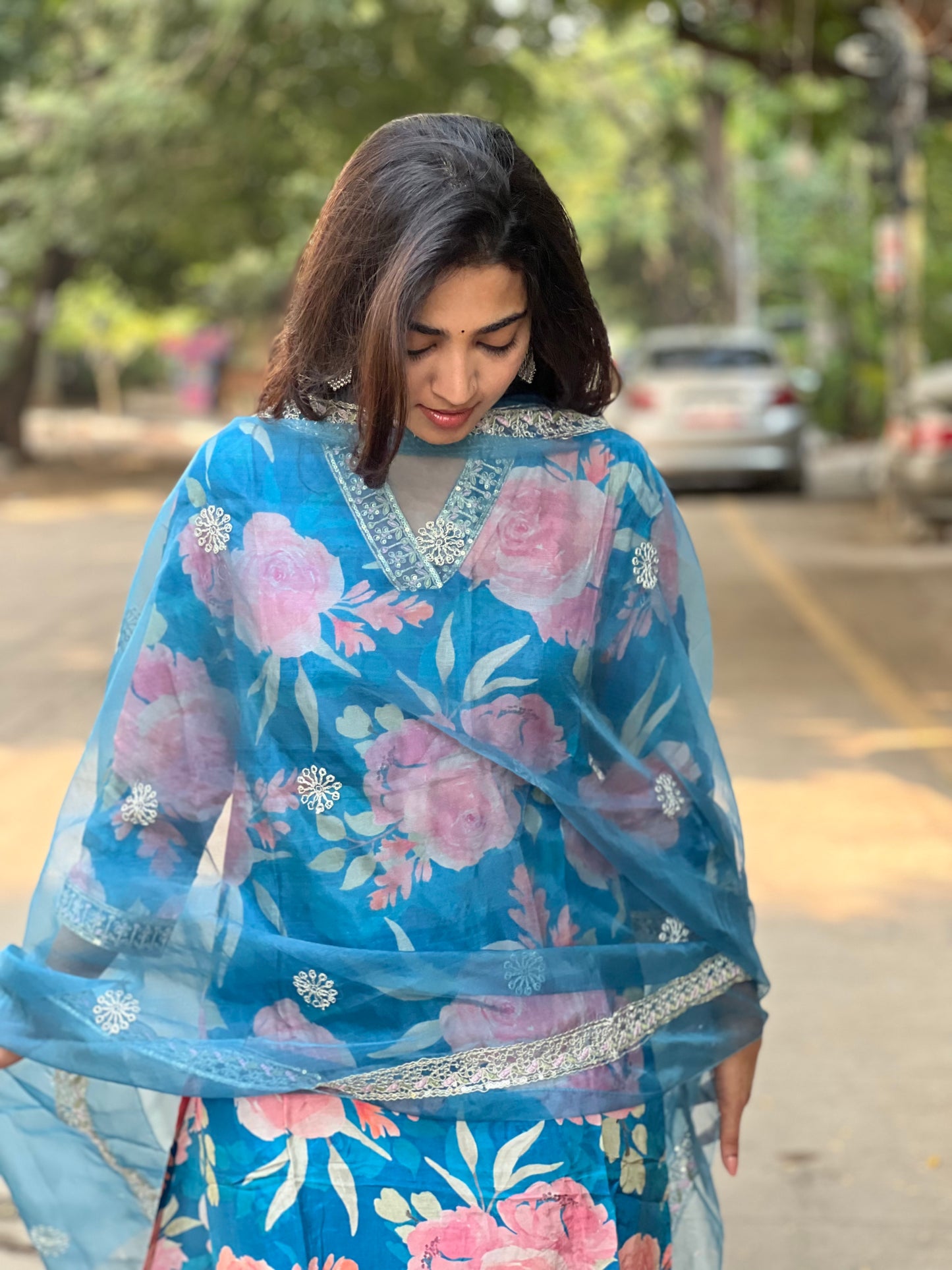 Kiara - Floral Silk kurti set - Blue