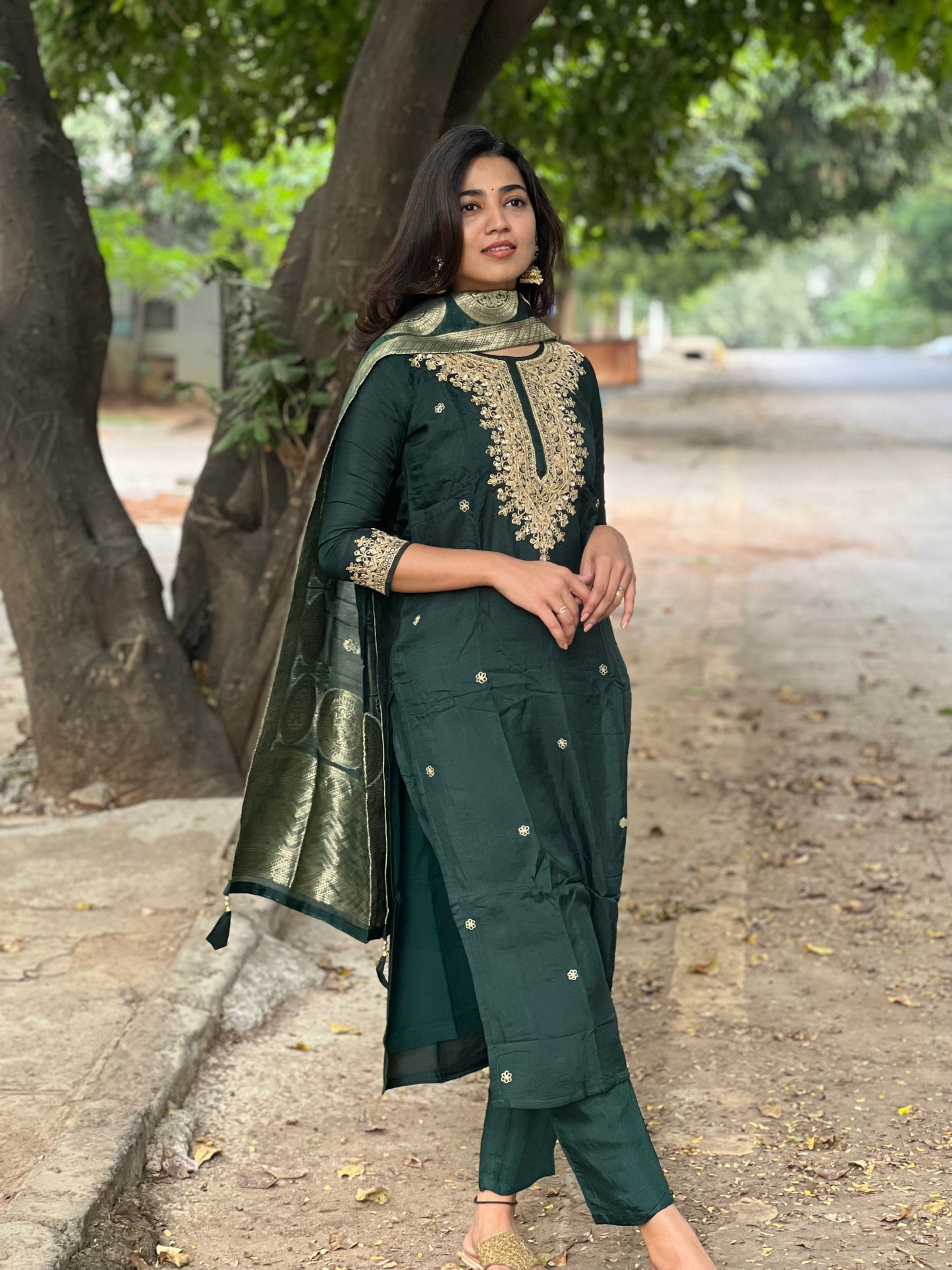 Anjali - Silk hand work kurti set - Bottle Green