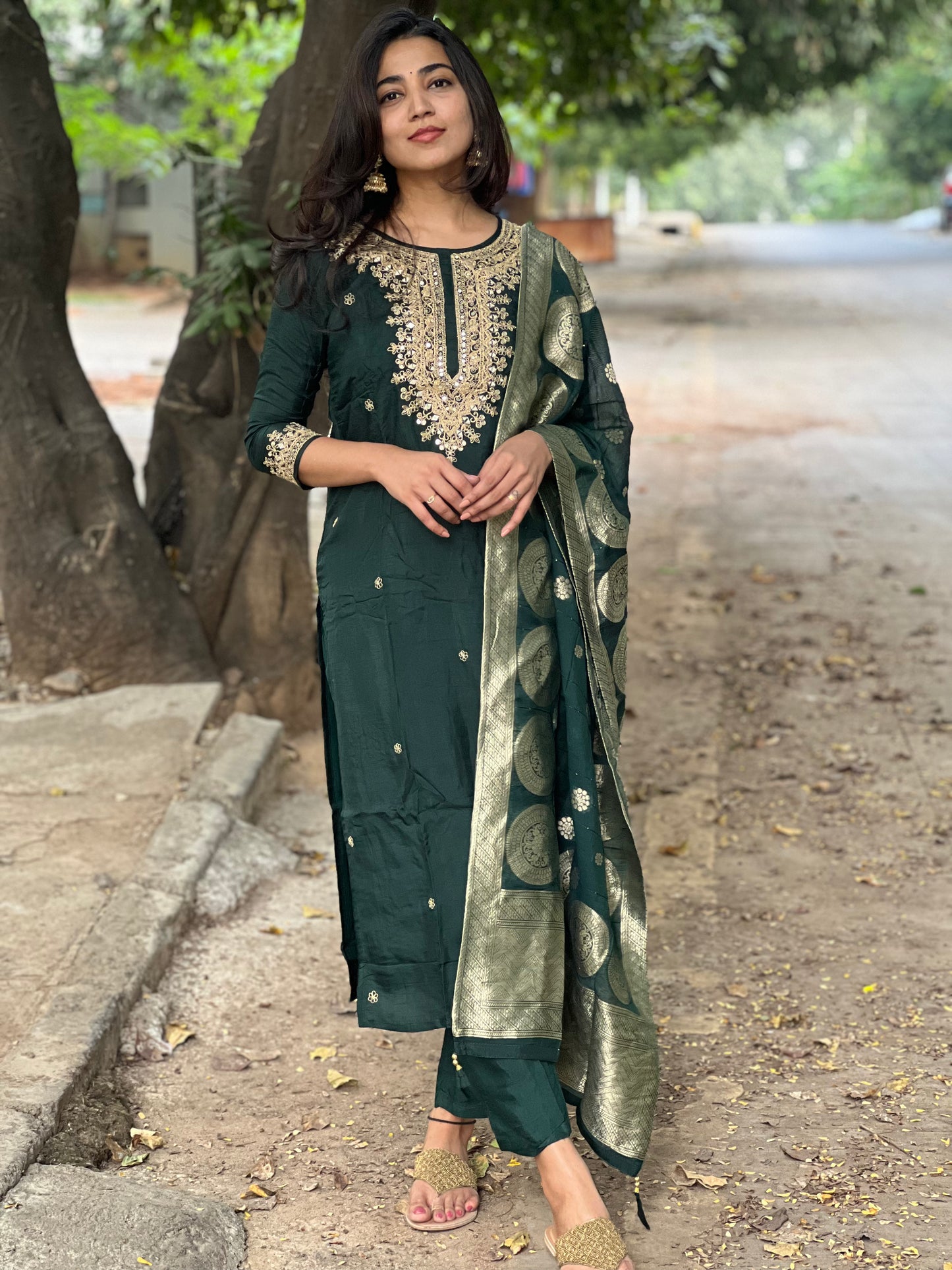 Anjali - Silk hand work kurti set - Bottle Green