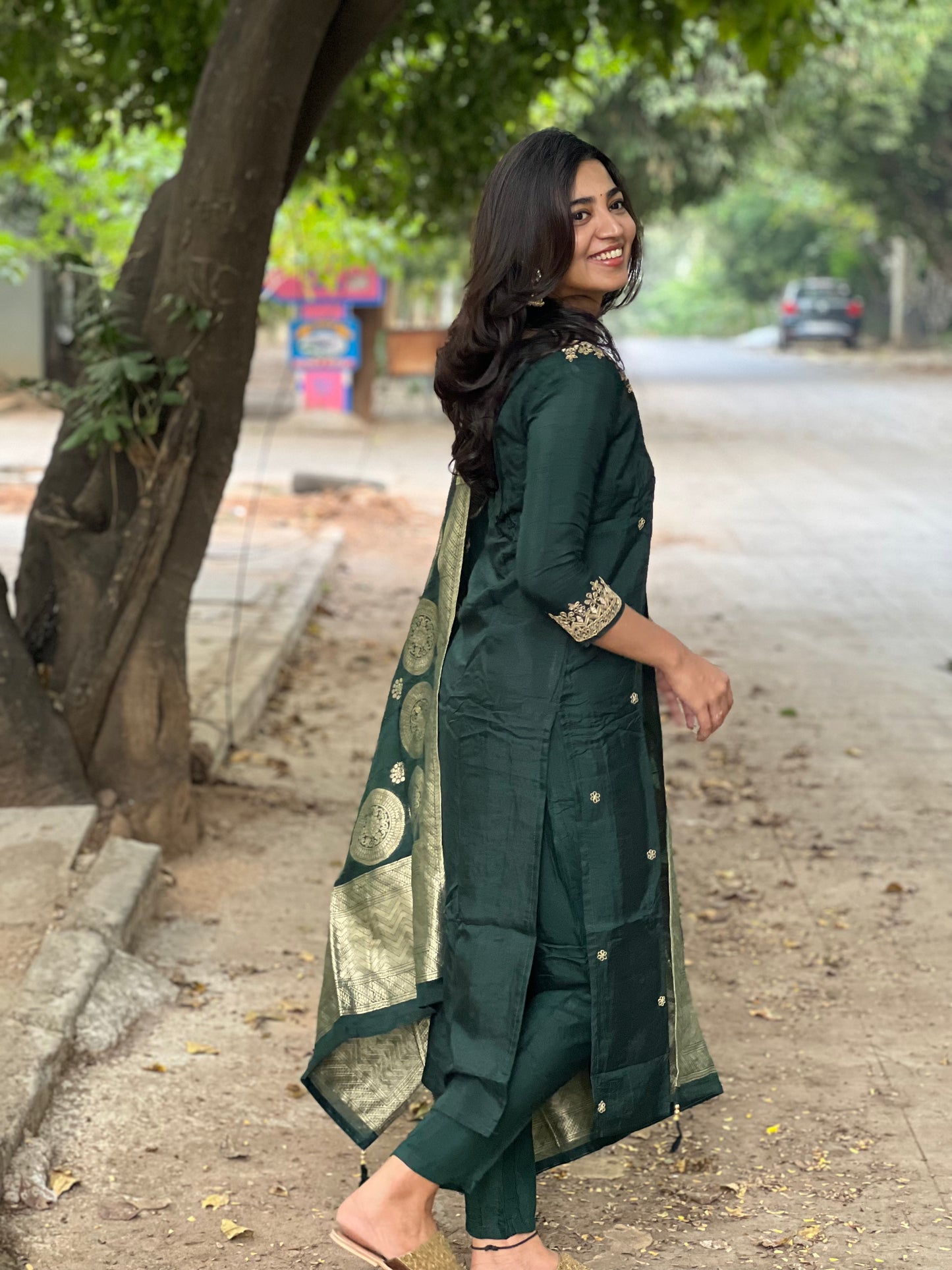 Anjali - Silk hand work kurti set - Bottle Green
