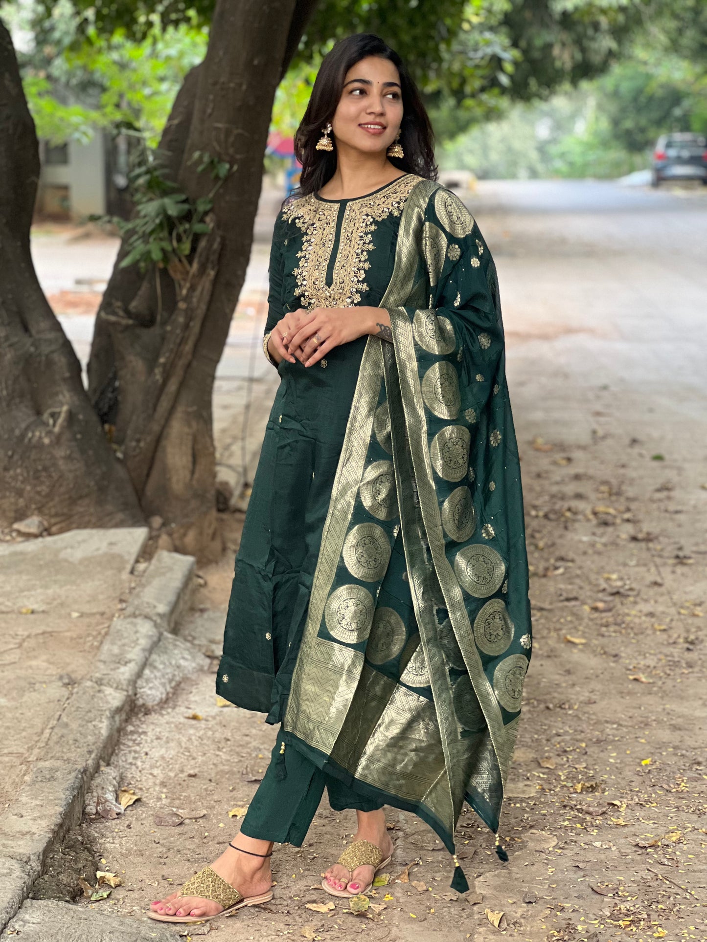 Anjali - Silk hand work kurti set - Bottle Green