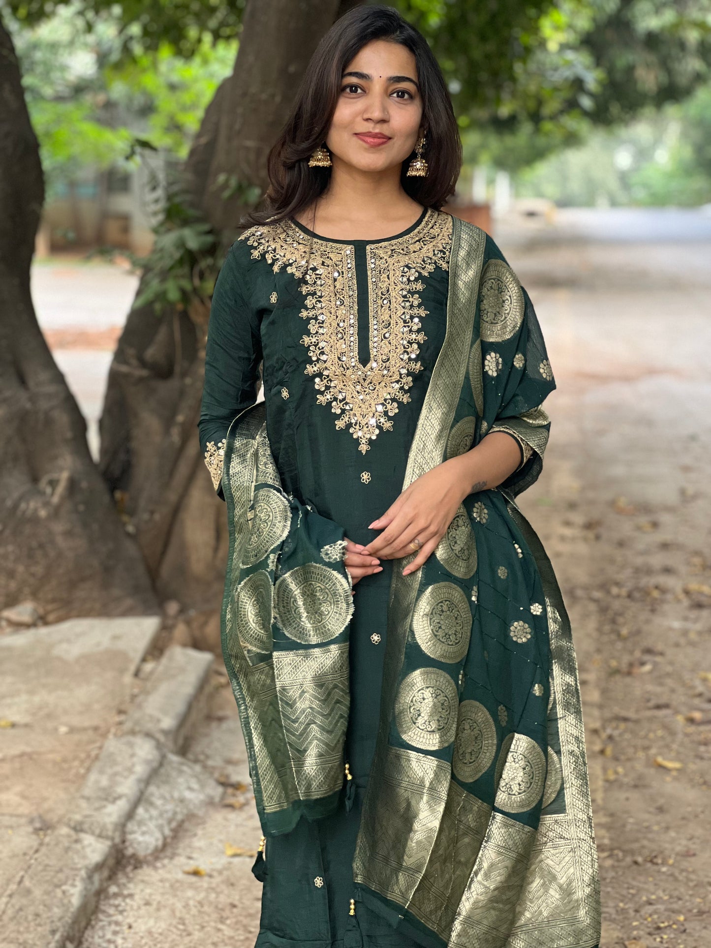 Anjali - Silk hand work kurti set - Bottle Green