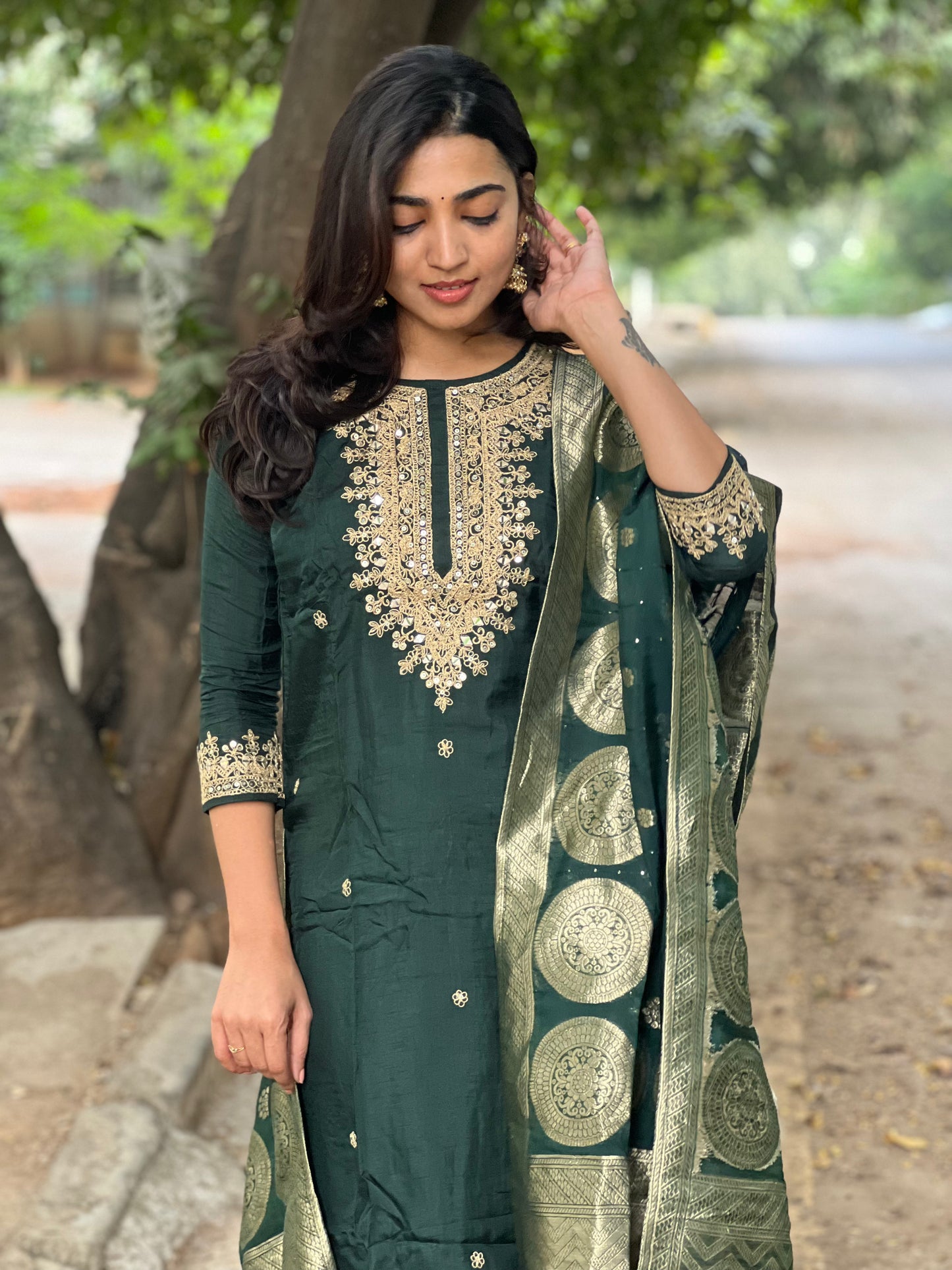 Anjali - Silk hand work kurti set - Bottle Green