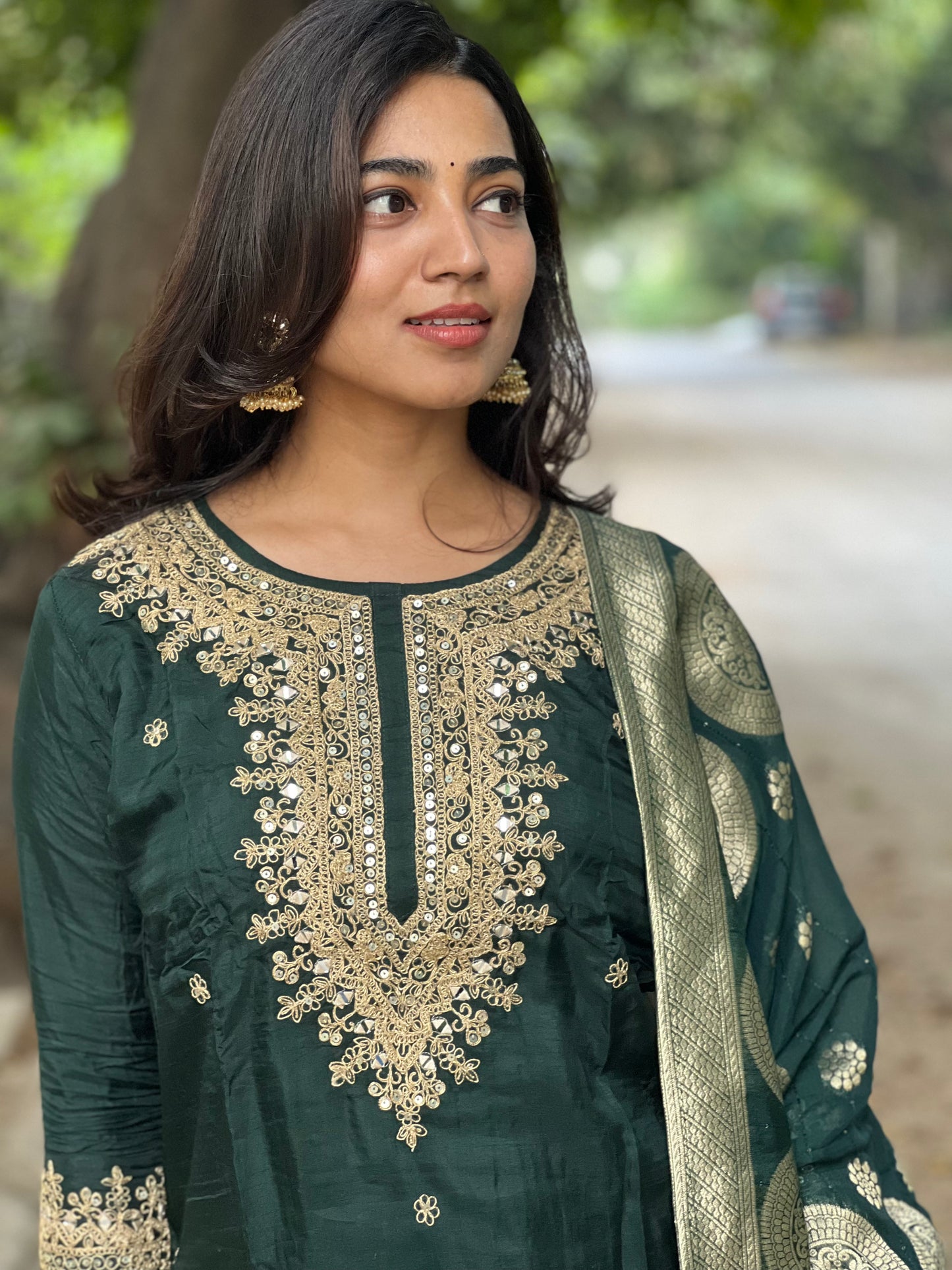 Anjali - Silk hand work kurti set - Bottle Green