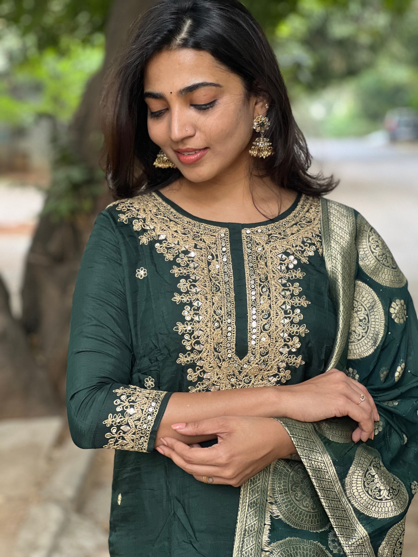 Anjali - Silk hand work kurti set - Bottle Green