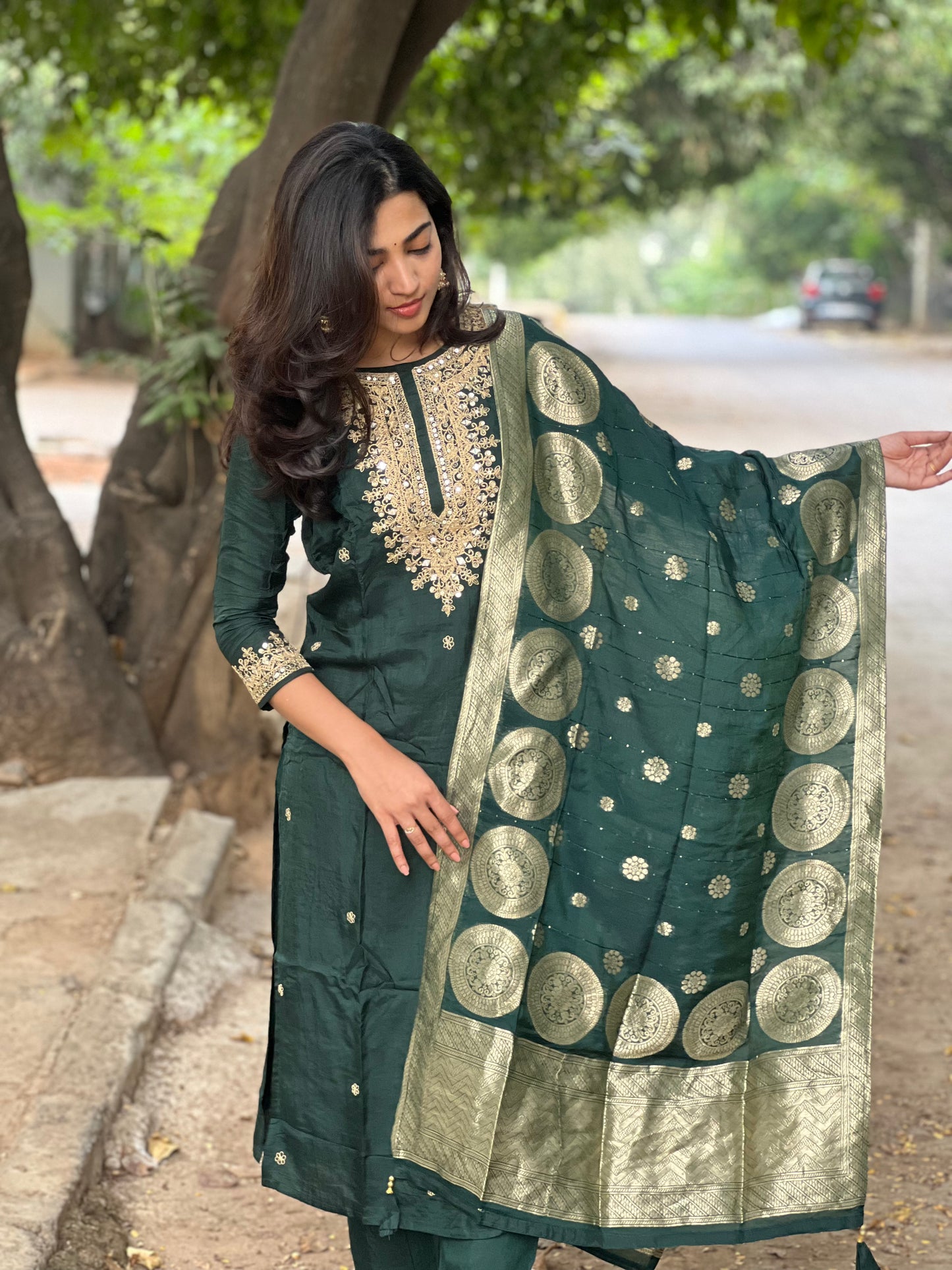 Anjali - Silk hand work kurti set - Bottle Green
