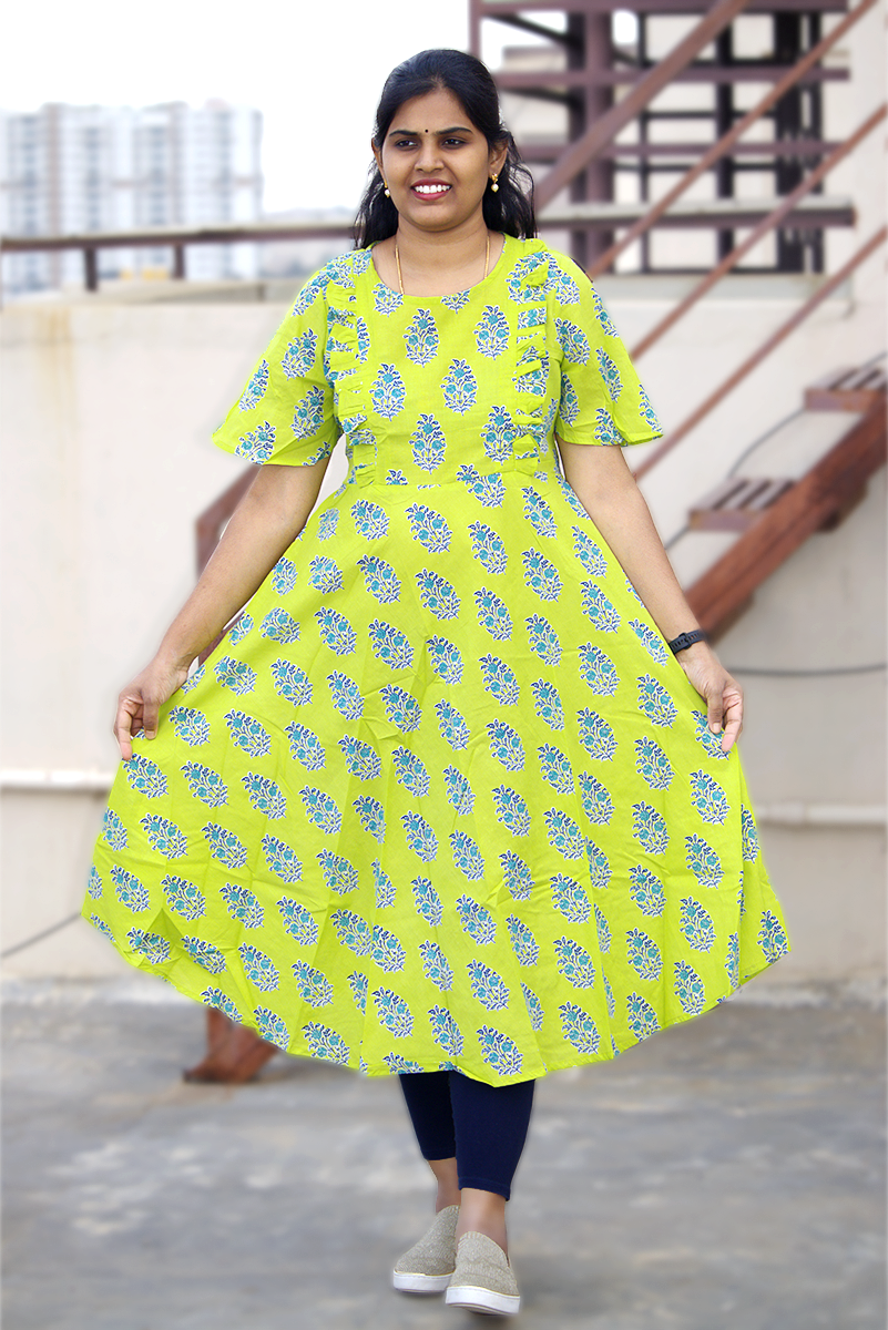 Sameera - Mint green Block Printed Cotton Frock