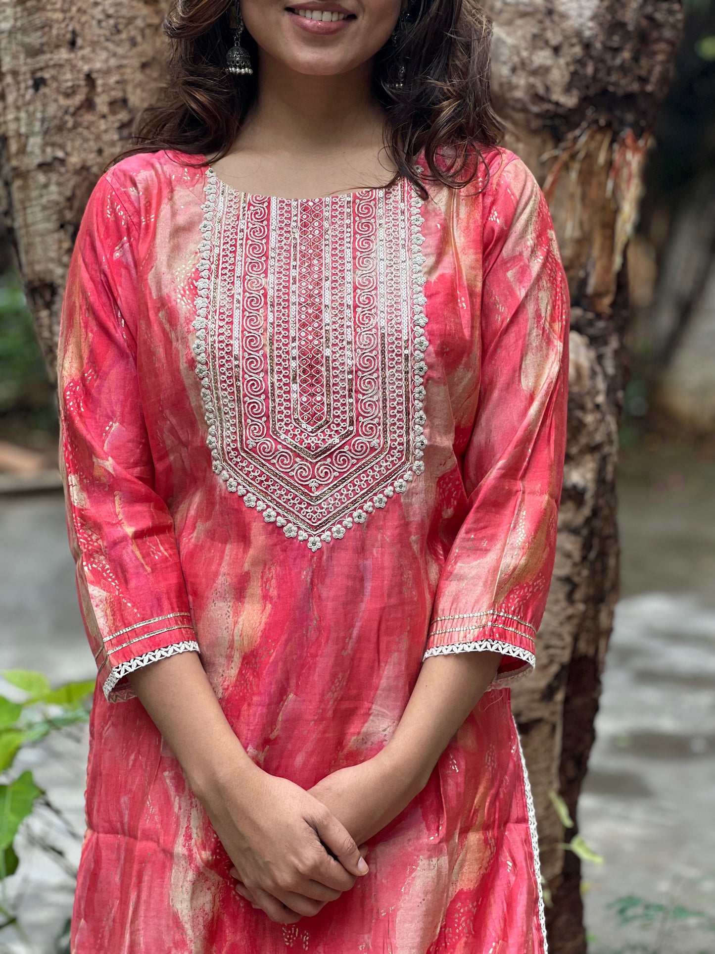 Mayukhi - Maslin Tie Dye kurta with hand work - Pink