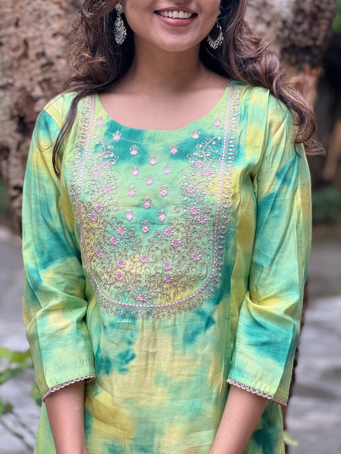 Aarna - Maslin Tie Dye kurta with hand work - Green