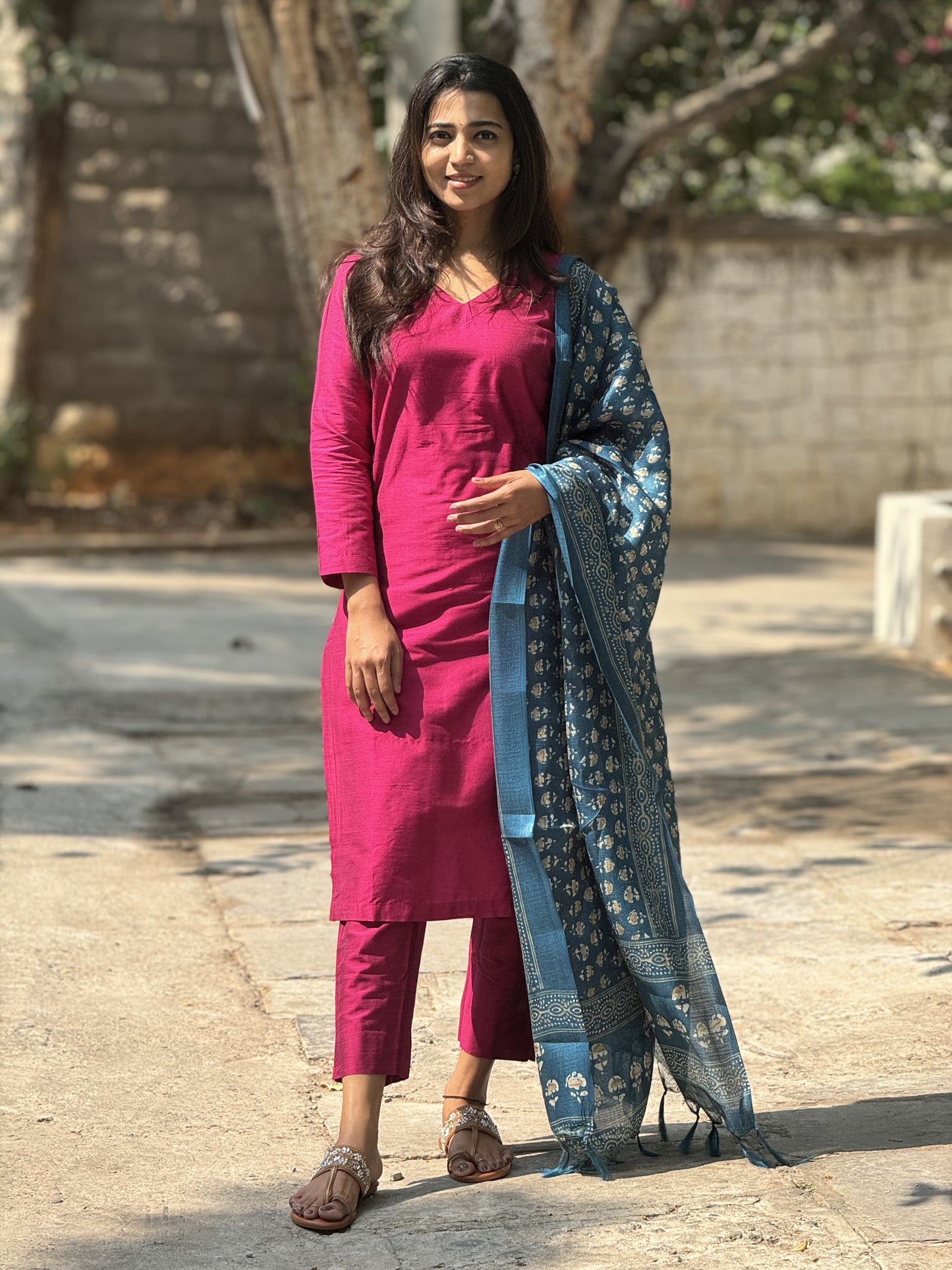 Sudiksha - Pink Silk cotton set with Kadhi Silk dupatta