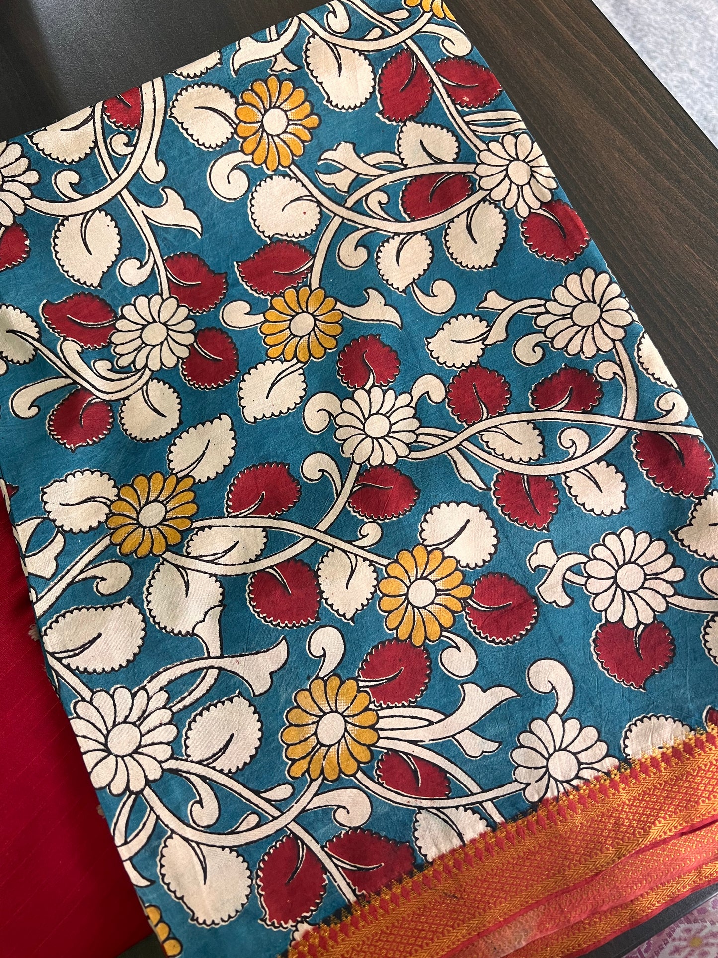 Moksha - Rust Silk cotton set with Kalamkari dupatta