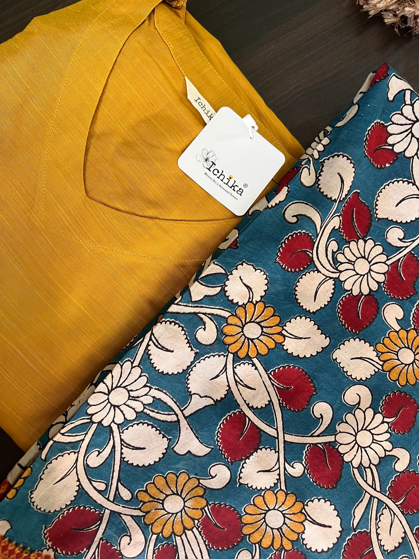 Aarohi - Mustard Yellow Silk cotton set with Kalamkari dupatta
