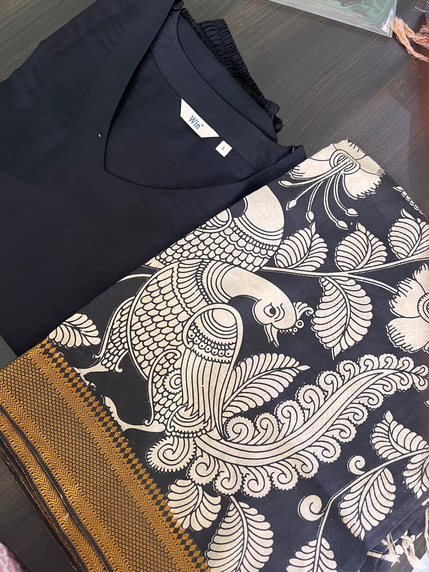Madhura - Black Silk cotton set with Kalamlari Dupatta