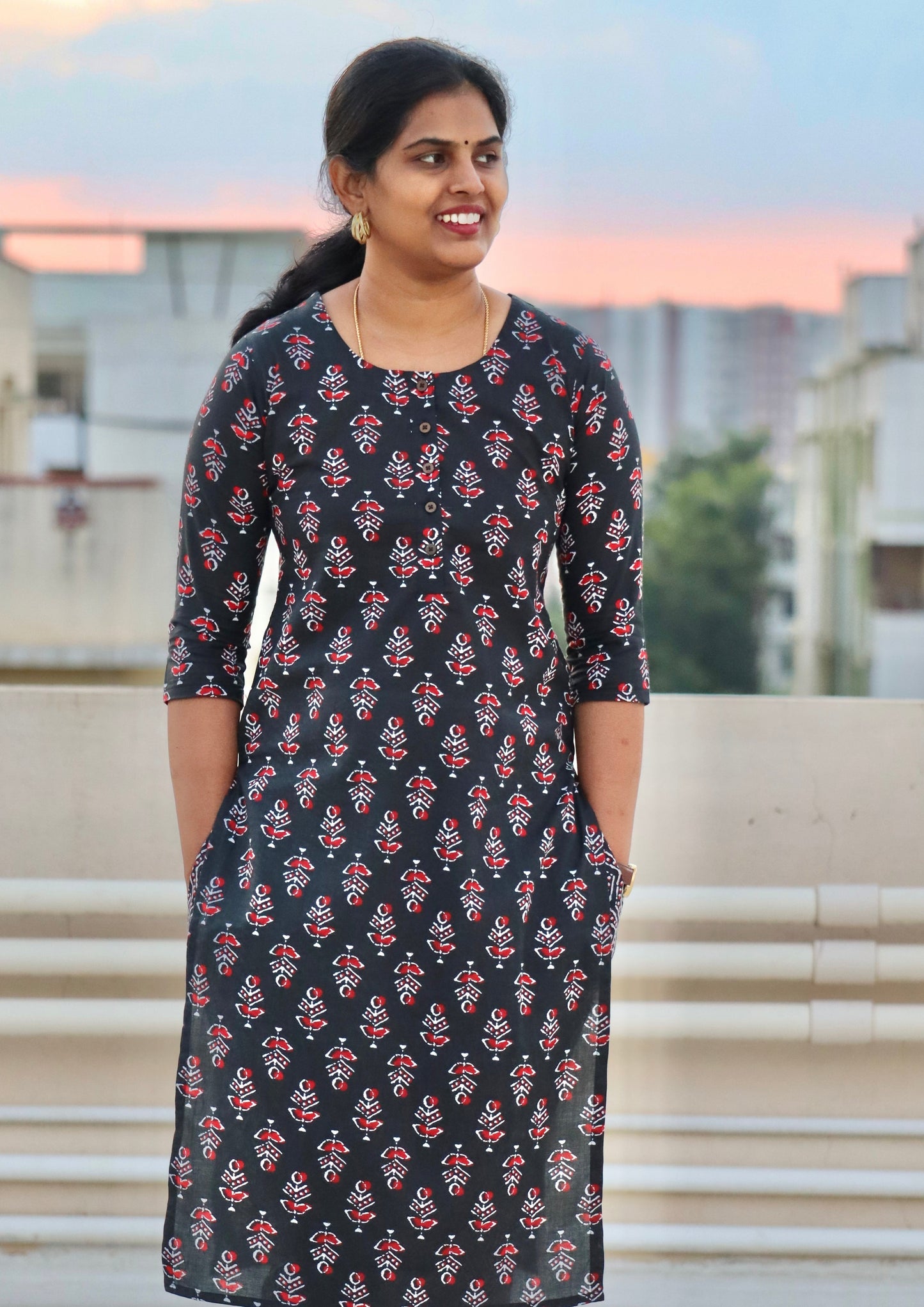 Anya - Pure Block Printed Kurti and pant set - Black