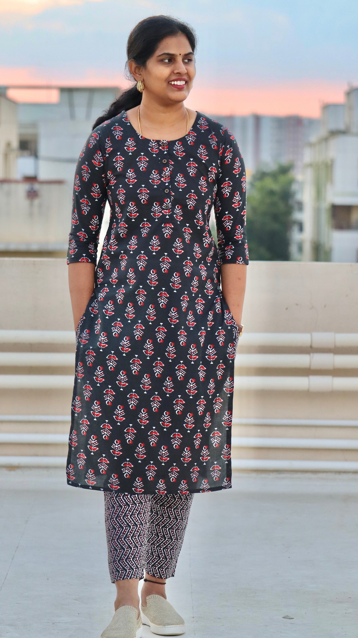 Anya - Pure Block Printed Kurti and pant set - Black