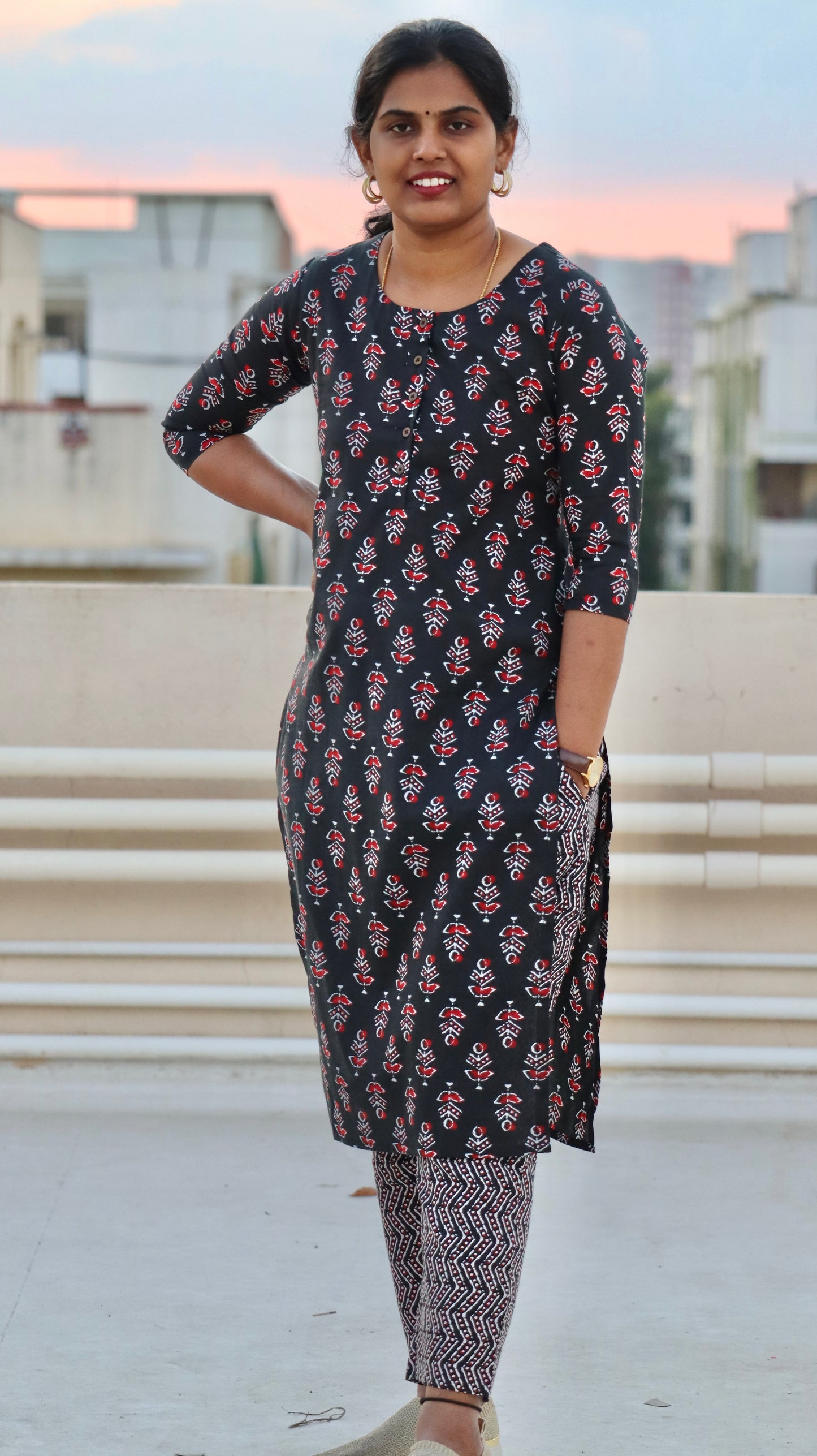 Anya - Pure Block Printed Kurti and pant set - Black