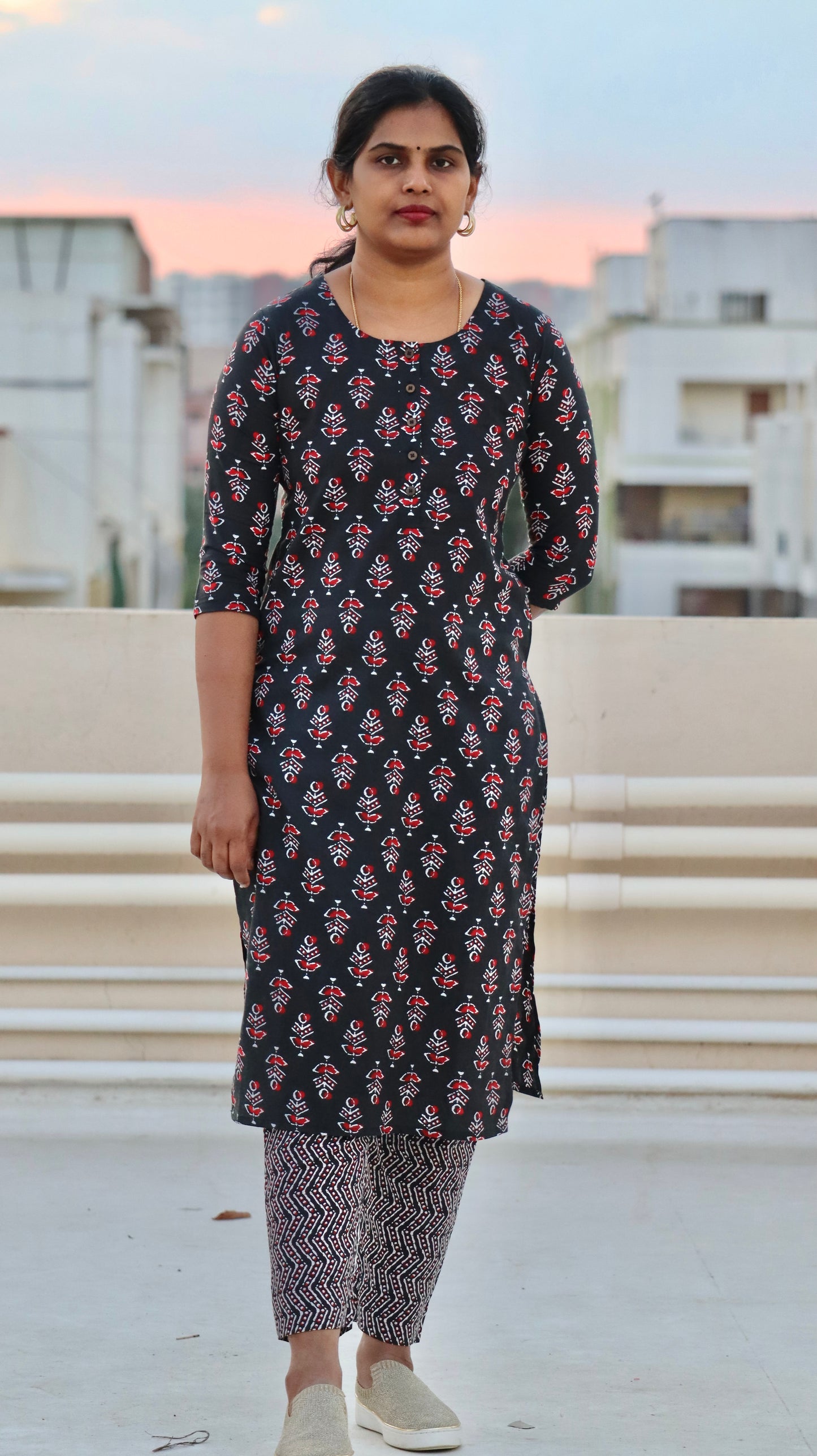 Anya - Pure Block Printed Kurti and pant set - Black