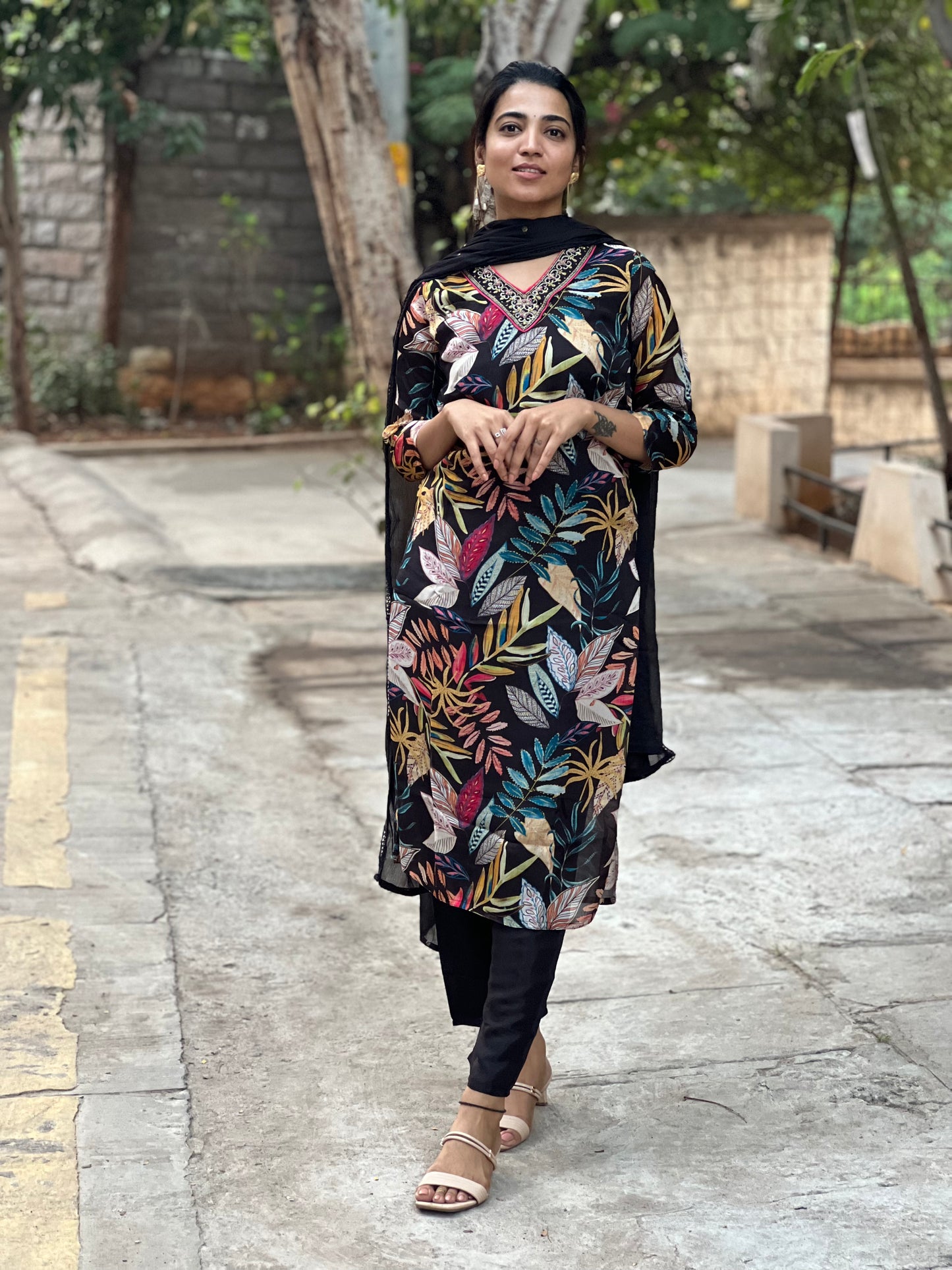 Jahnavi - Pure Chinon Digital Printed Suit - Black