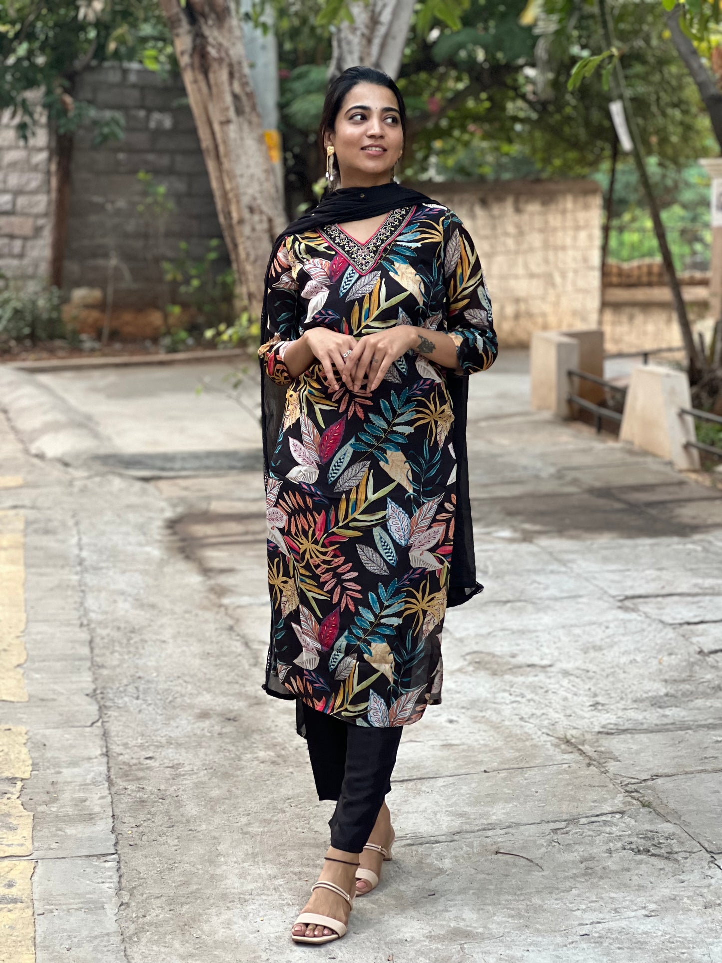 Jahnavi - Pure Chinon Digital Printed Suit - Black