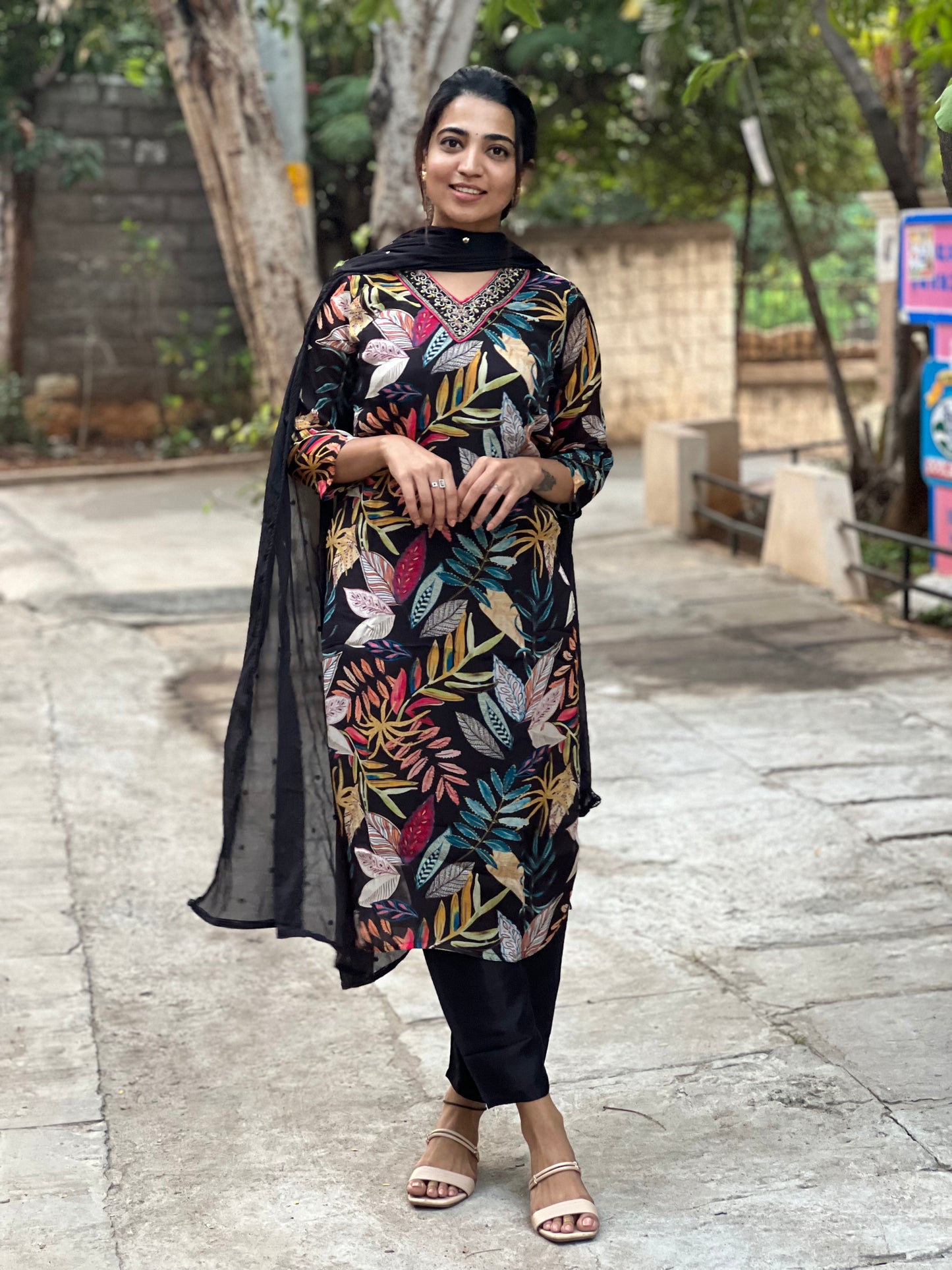 Jahnavi - Pure Chinon Digital Printed Suit - Black