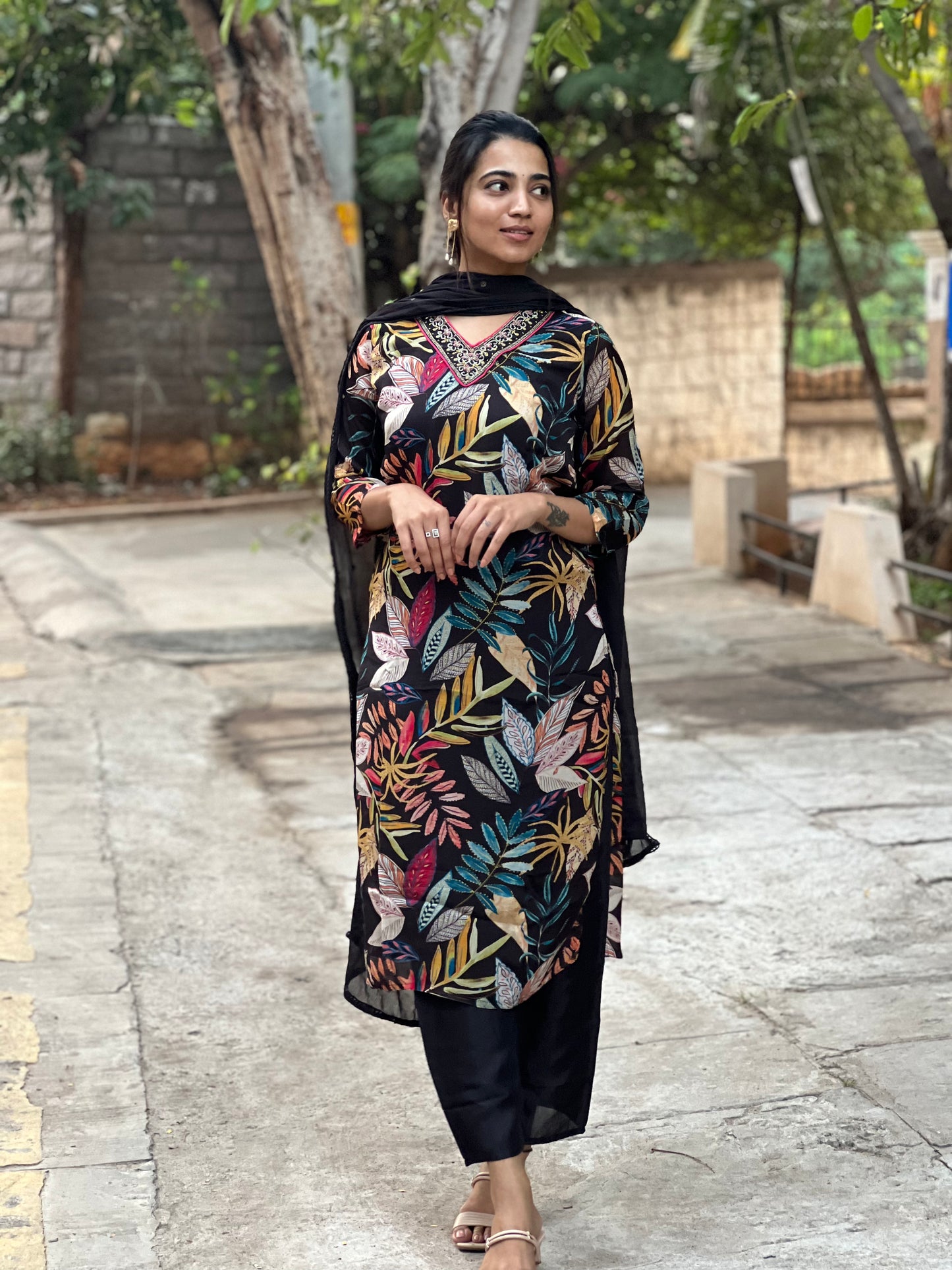 Jahnavi - Pure Chinon Digital Printed Suit - Black