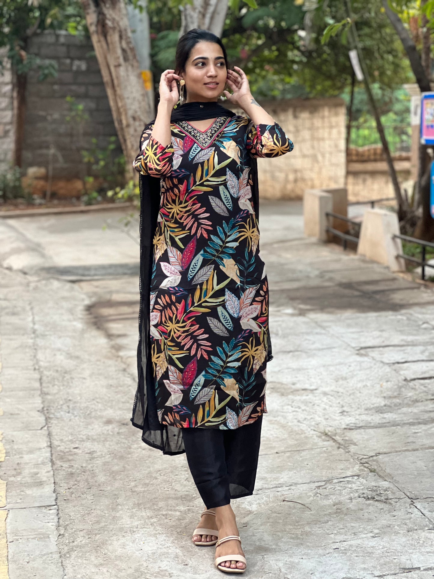 Jahnavi - Pure Chinon Digital Printed Suit - Black