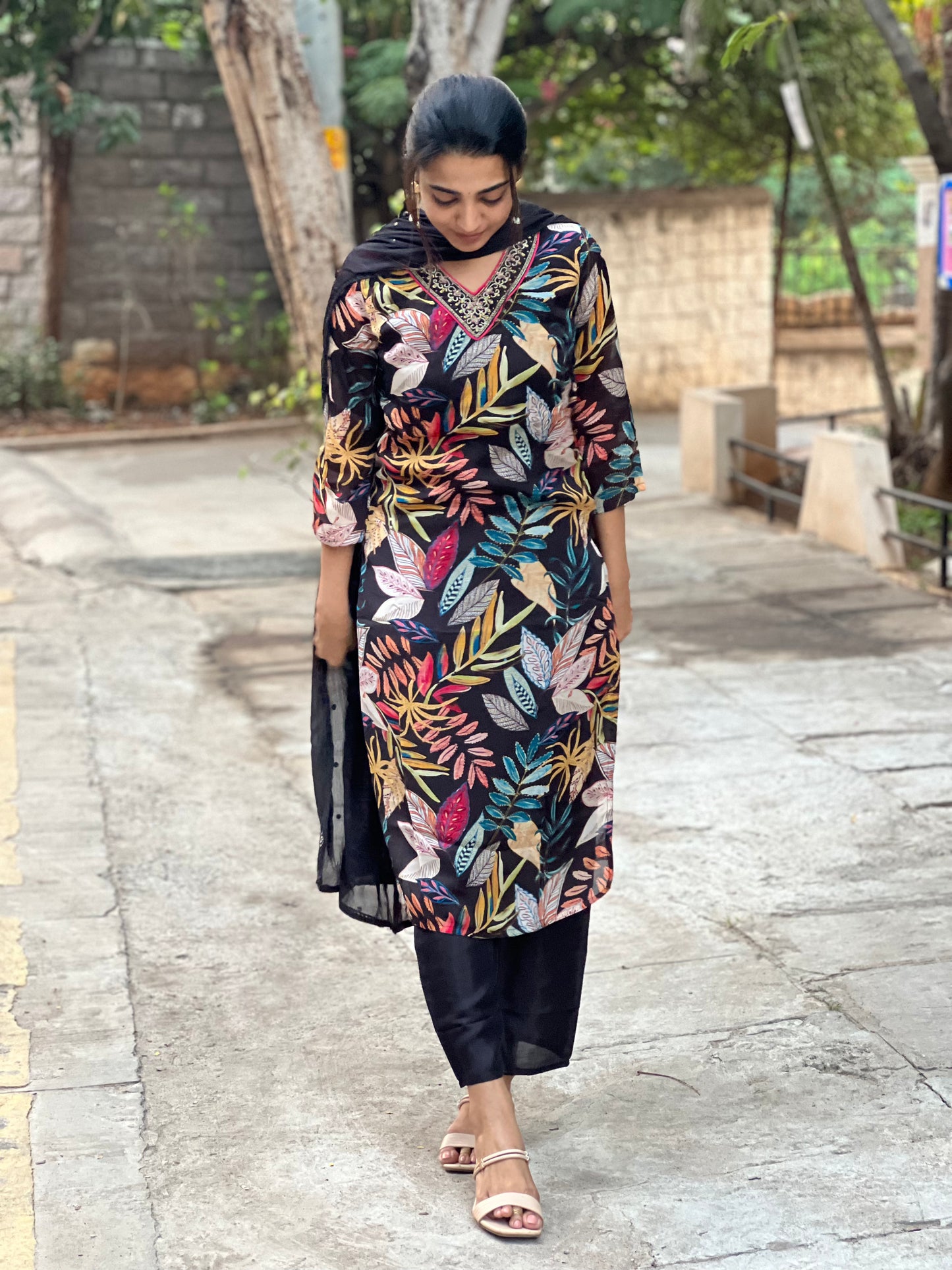 Jahnavi - Pure Chinon Digital Printed Suit - Black