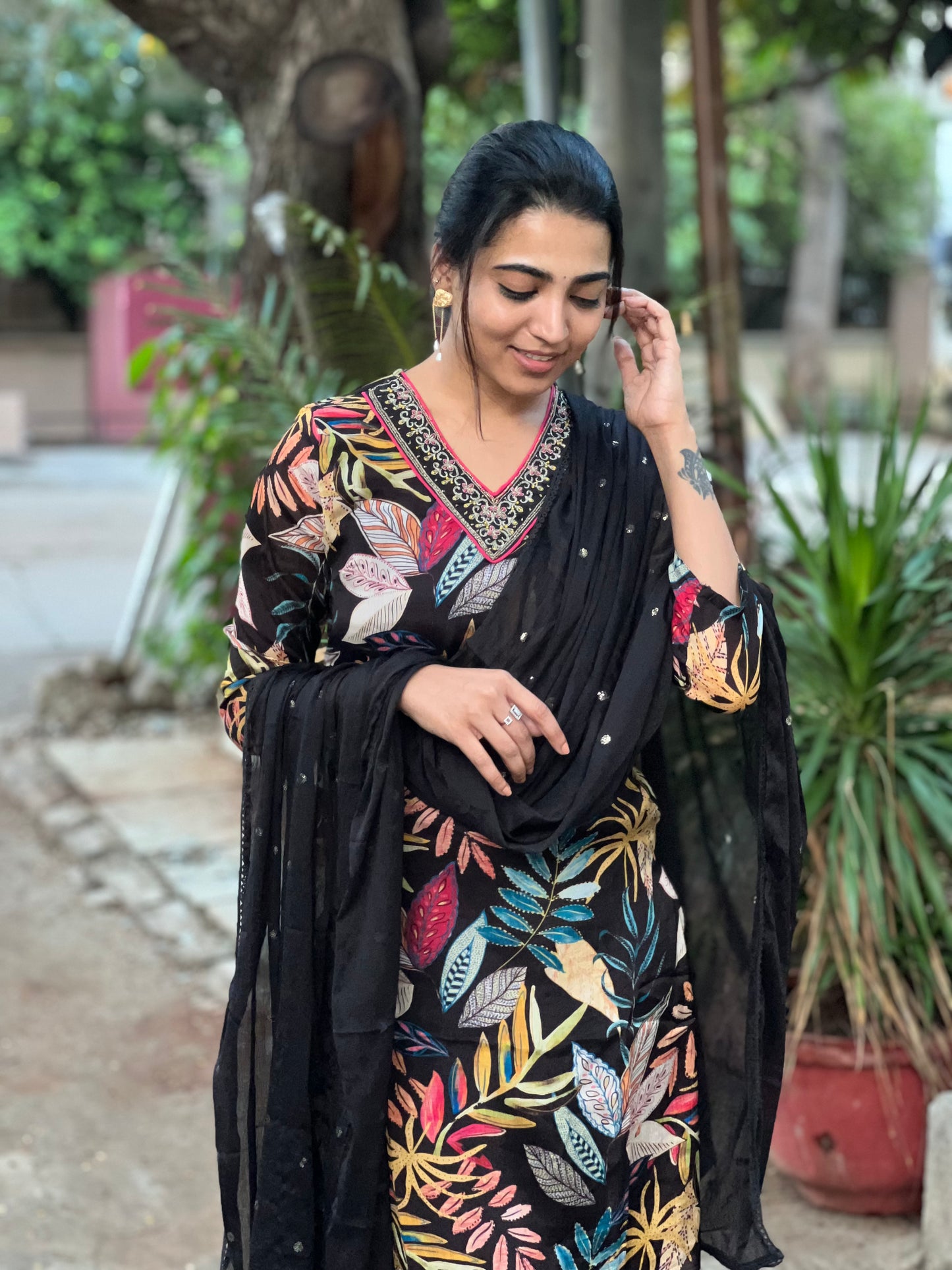 Jahnavi - Pure Chinon Digital Printed Suit - Black