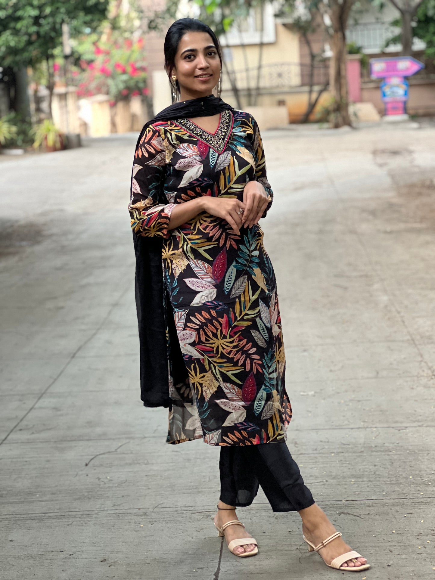 Jahnavi - Pure Chinon Digital Printed Suit - Black