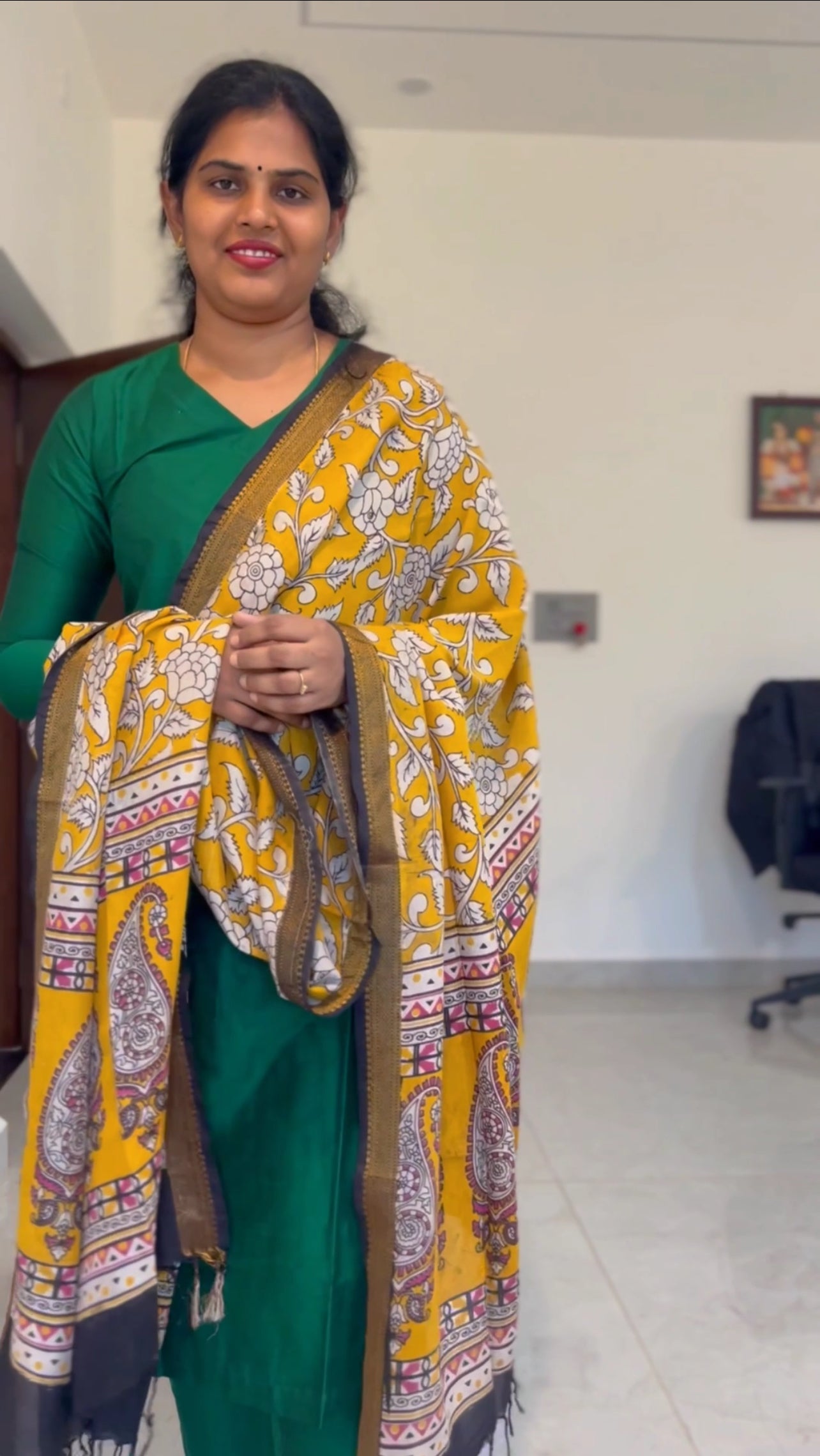Bhavya - Bottle Green silk set - Kalamkari Dupatta