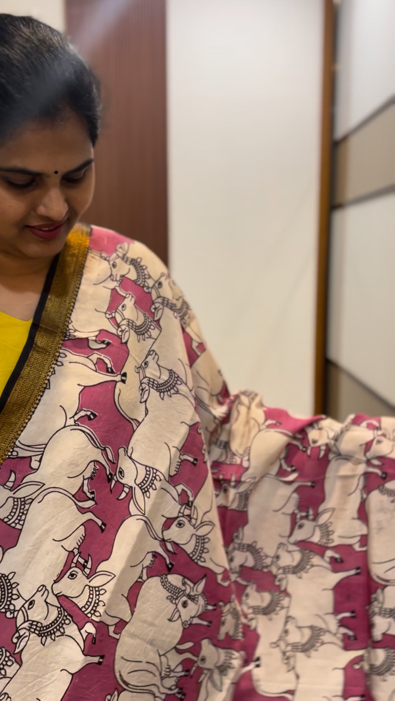 Kalamkari Dupatta - Chennuri silk - Pink and half white
