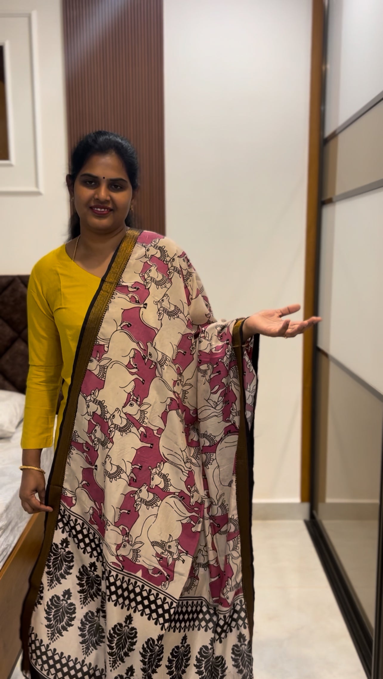 Kalamkari Dupatta - Chennuri silk - Pink and half white