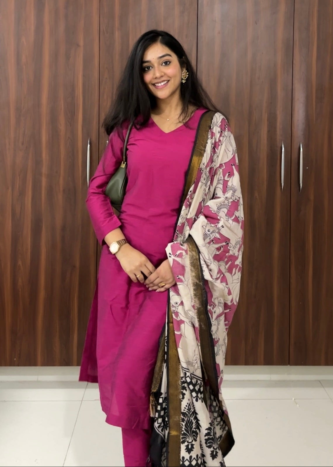 Yogitha - Rani Pink Silk cotton set with Kalamkari dupatta