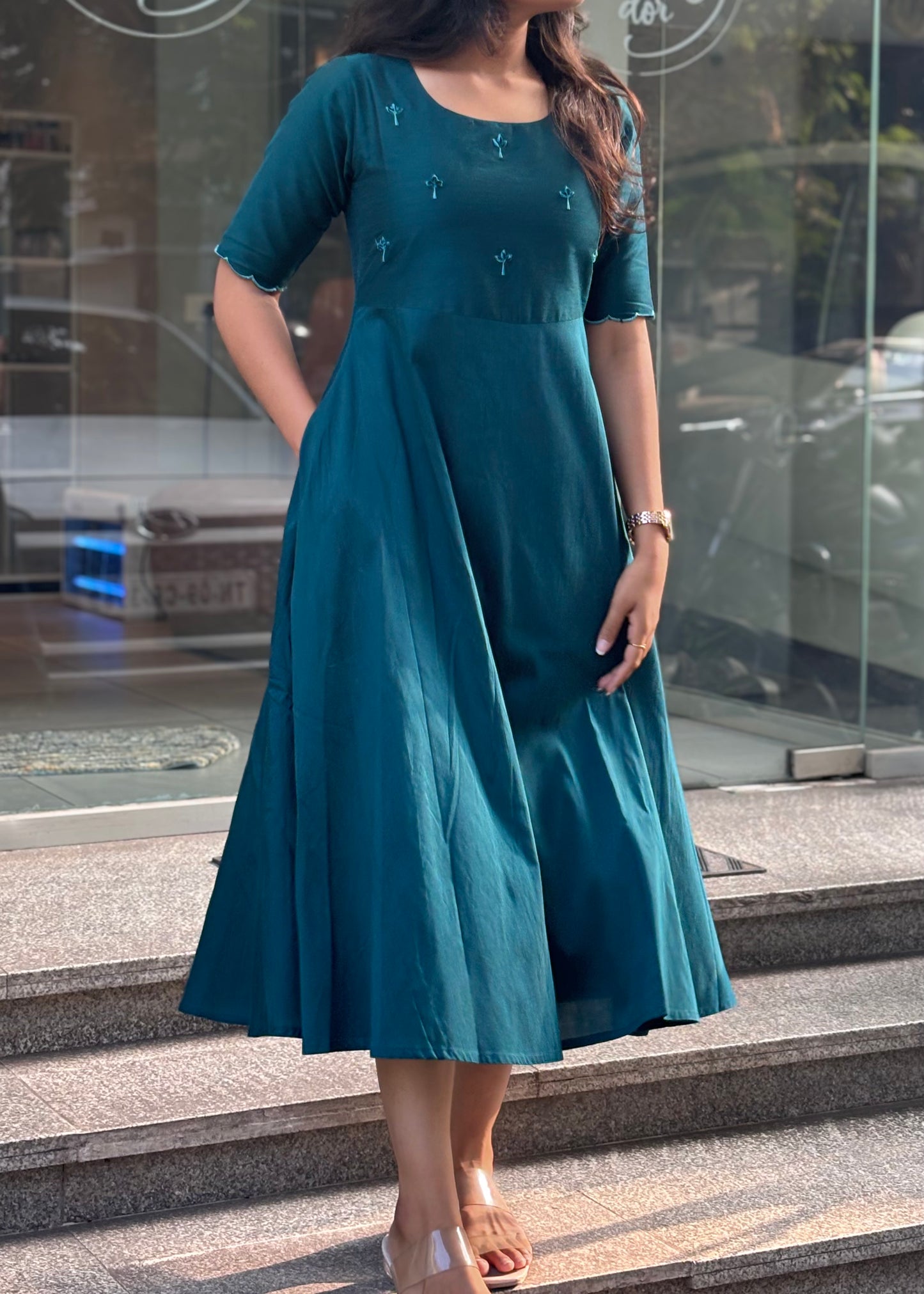 Tara - Teal color silk cotton dress with handwork