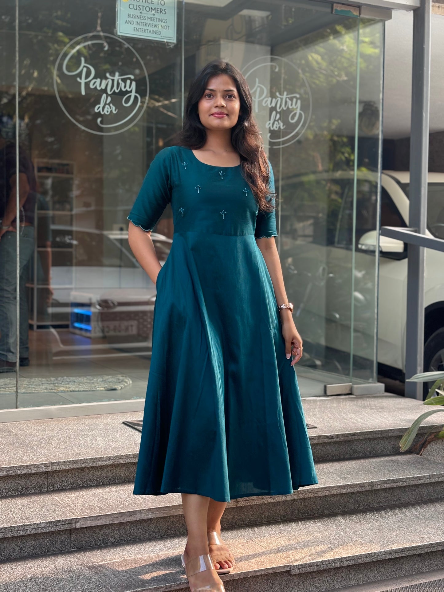 Tara - Teal color silk cotton dress with handwork