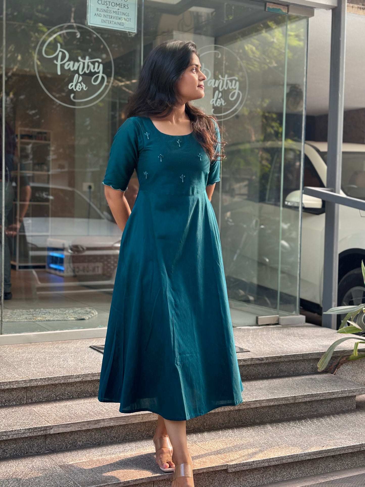 Tara - Teal color silk cotton dress with handwork