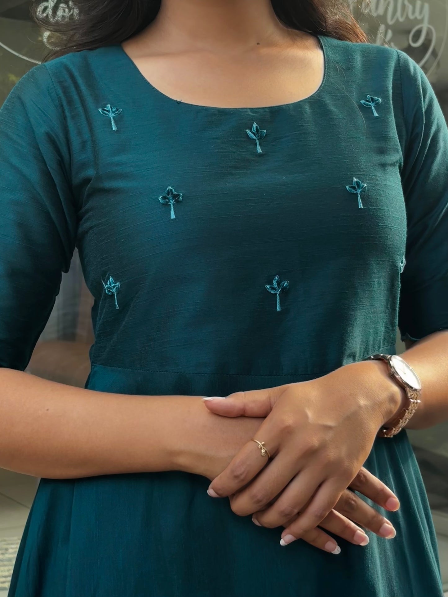 Tara - Teal color silk cotton dress with handwork