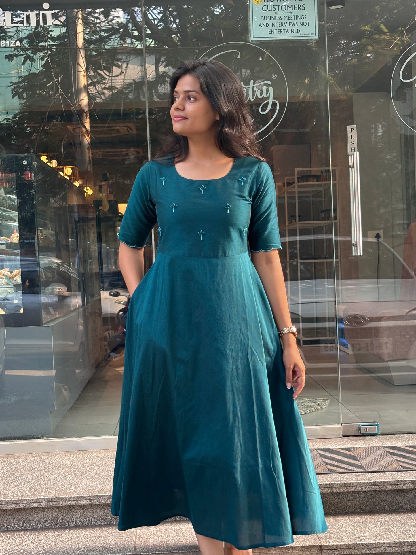 Tara - Teal color silk cotton dress with handwork