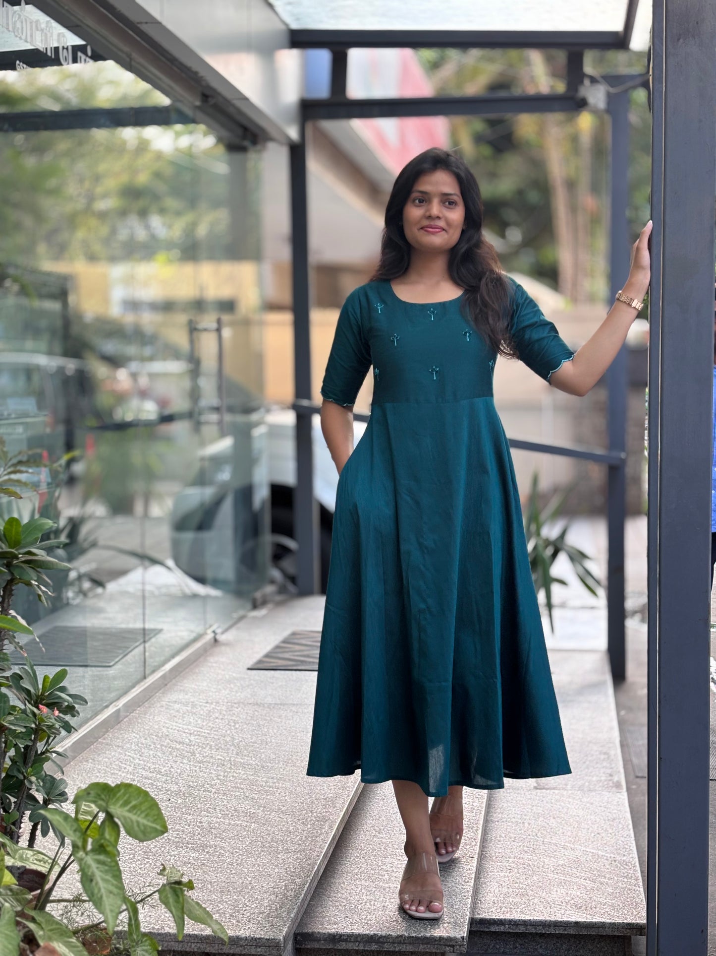 Tara - Teal color silk cotton dress with handwork