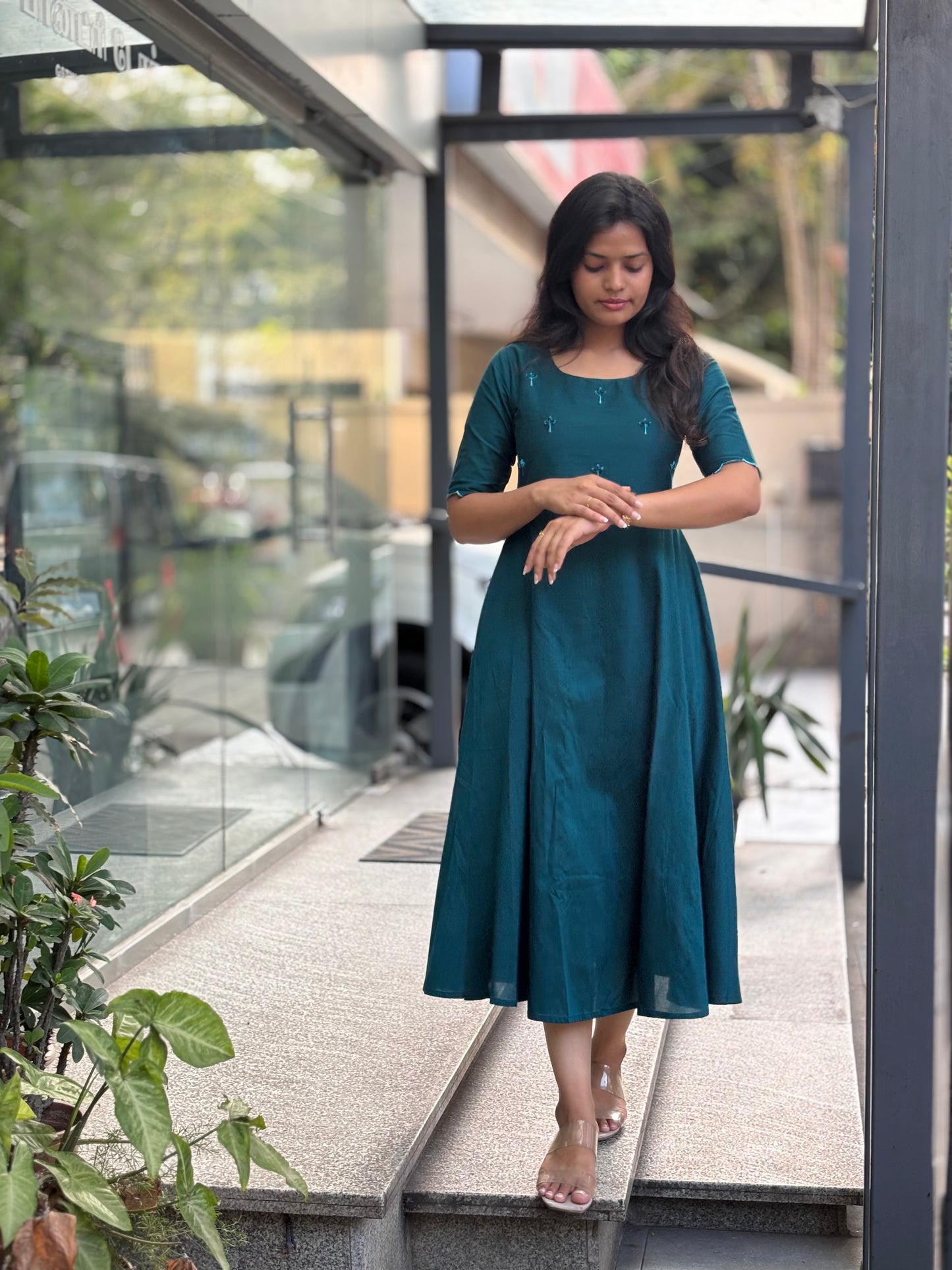 Tara - Teal color silk cotton dress with handwork